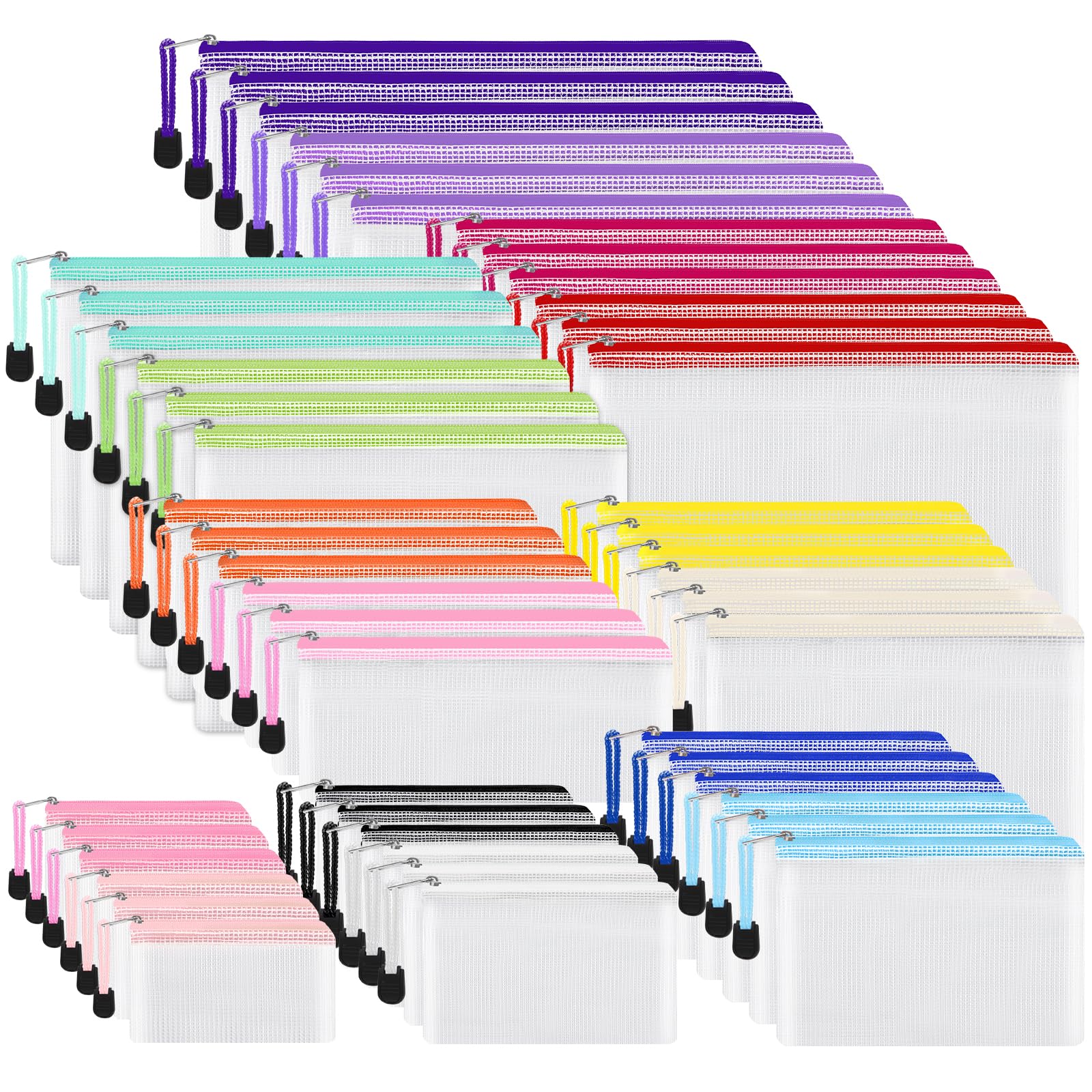 EOOUT 48pcs Mesh Zipper Pouch, Waterproof Zipper Bags, 8 Sizes Plastic Travel Pouch, 15 Colors, Multipurpose for Board Game, Travel Storage, School Supplies, Office Appliances, Home Organize