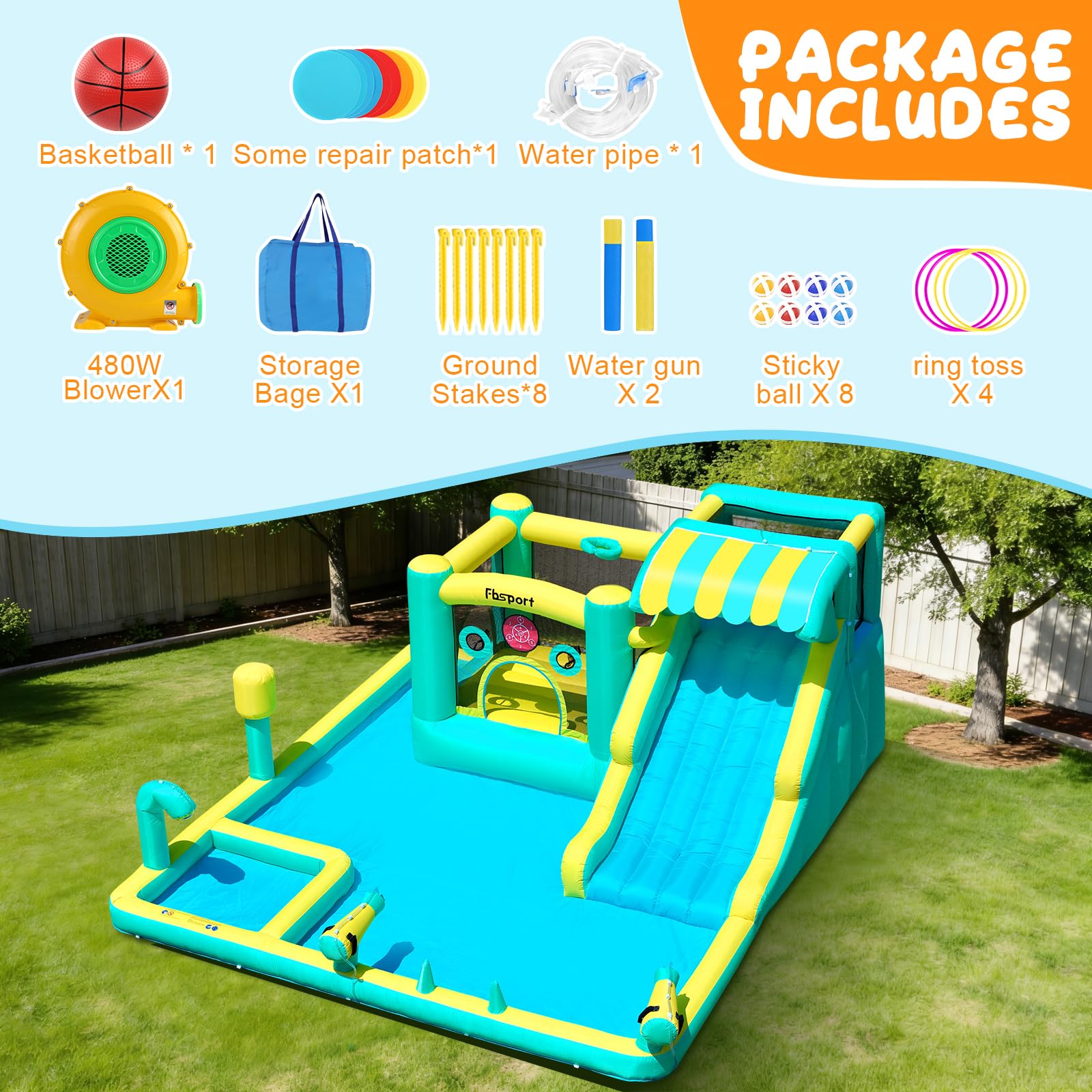 FBSPORT Castello Gonfiabile 10-in-1, Scivolo d'Acqua Castello Gonfiabile con Soffiatore 480W, da Giardino per Bambini con Piscina di Schizzo, Utilizzo Interno ed Esterno