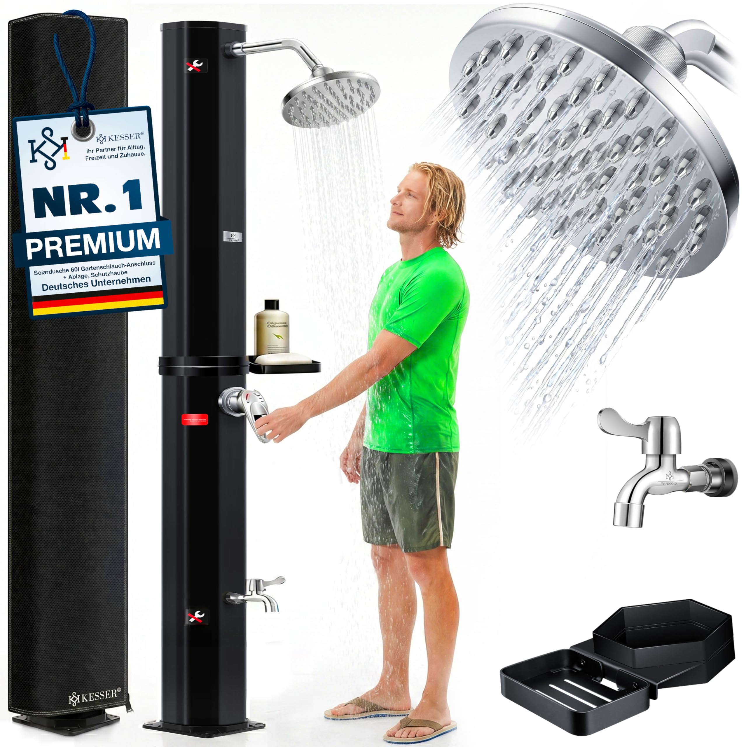 KESSER® Solardusche 60L Gartendusche, Solar Dusche für Garten & Pool mit warmem Wasser, Pooldusche ohne Strom, Regenduschkopf & Wasserhahn mit Gartenschlauch-Anschluss + Ablage, Schutzhaube