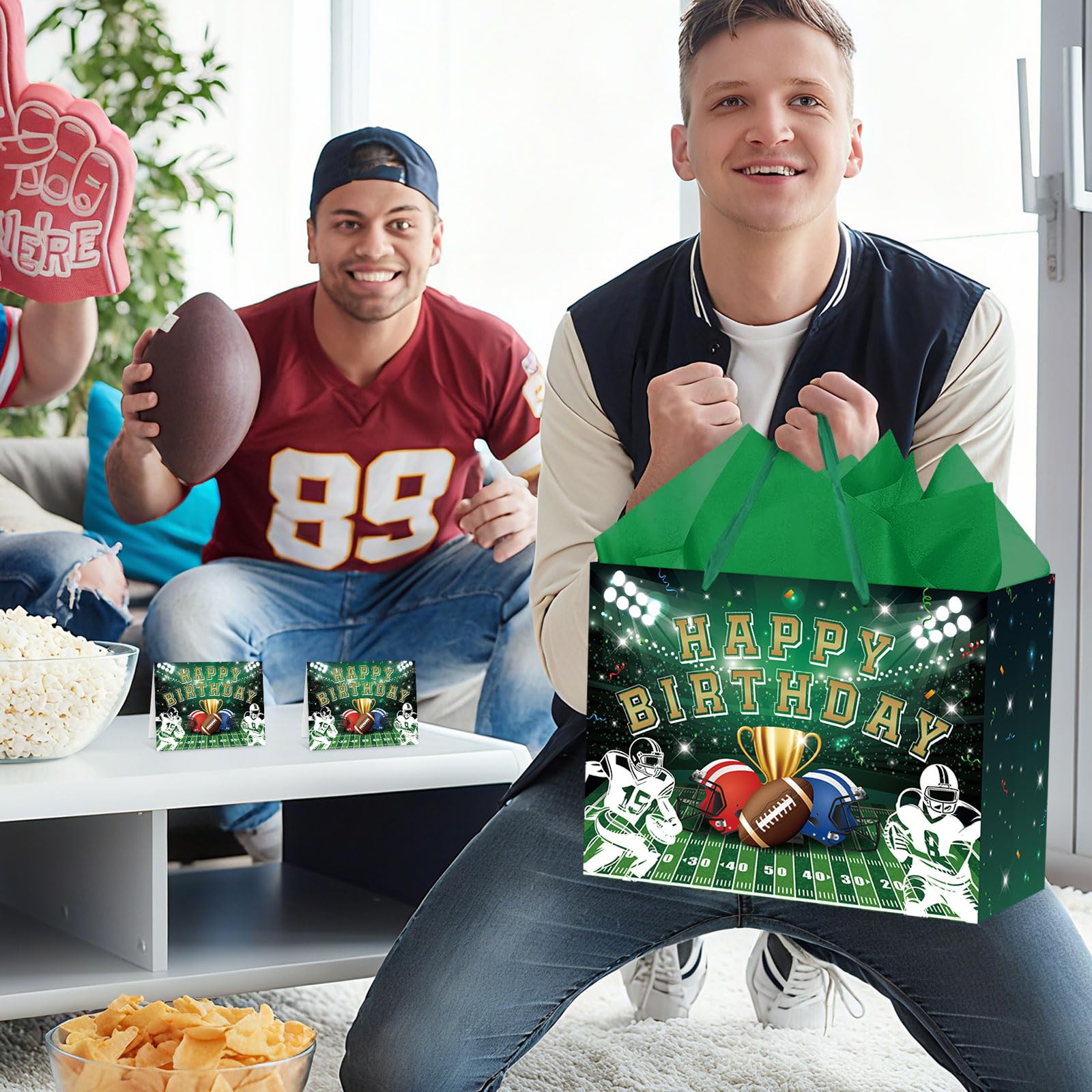 Hooqict Large Football Gift Bag with Handles, Tissue Paper and Greeting Card Football Birthday Party Gift Wrapping Bag for Boys Men Sport Themed Goodie Treat Party Favors
