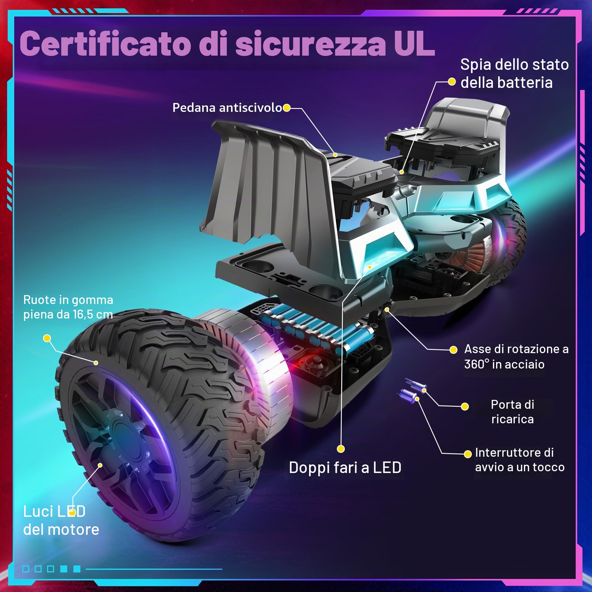 Hummer Off Road Hoverboard 8,5 pollici con Bluetooth e luce LED Motore potente Adatto per adulti e bambini Pistola