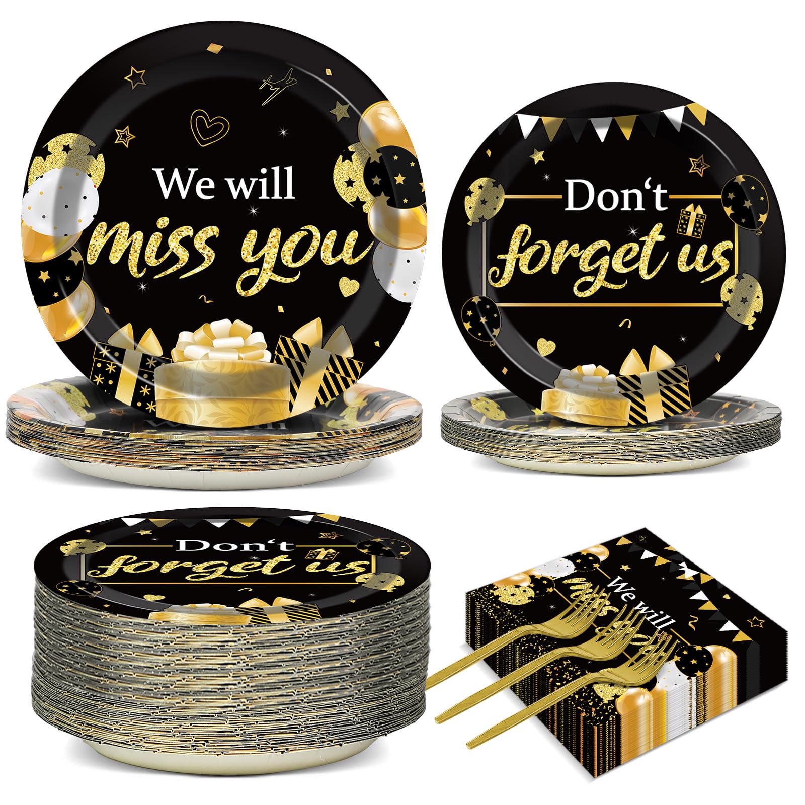 50 Guests We Will Miss You Party Plates and Napkins Tableware Set Farewell Party Supplies Dinnerware Favors Black and Gold Decorations for Retirement Men Women