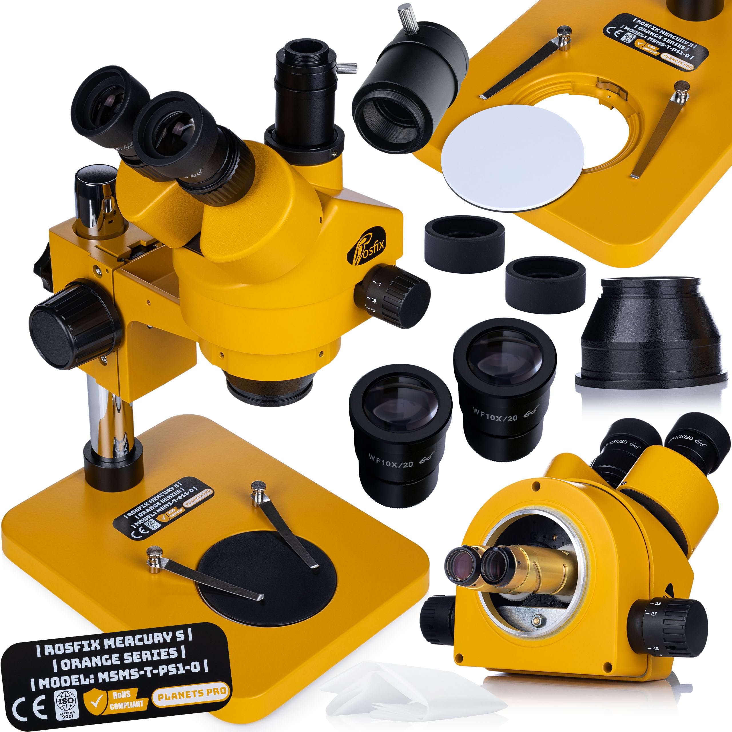 Microscopio trinocular estereoscópico Mercury S MSMS-T-PS1-O Set – 7-45x Zoom Greenough óptica WF10X/20, distancia de trabajo de 100 mm, cámara USB de 5 MP, iluminación LED de anillo, inspección de