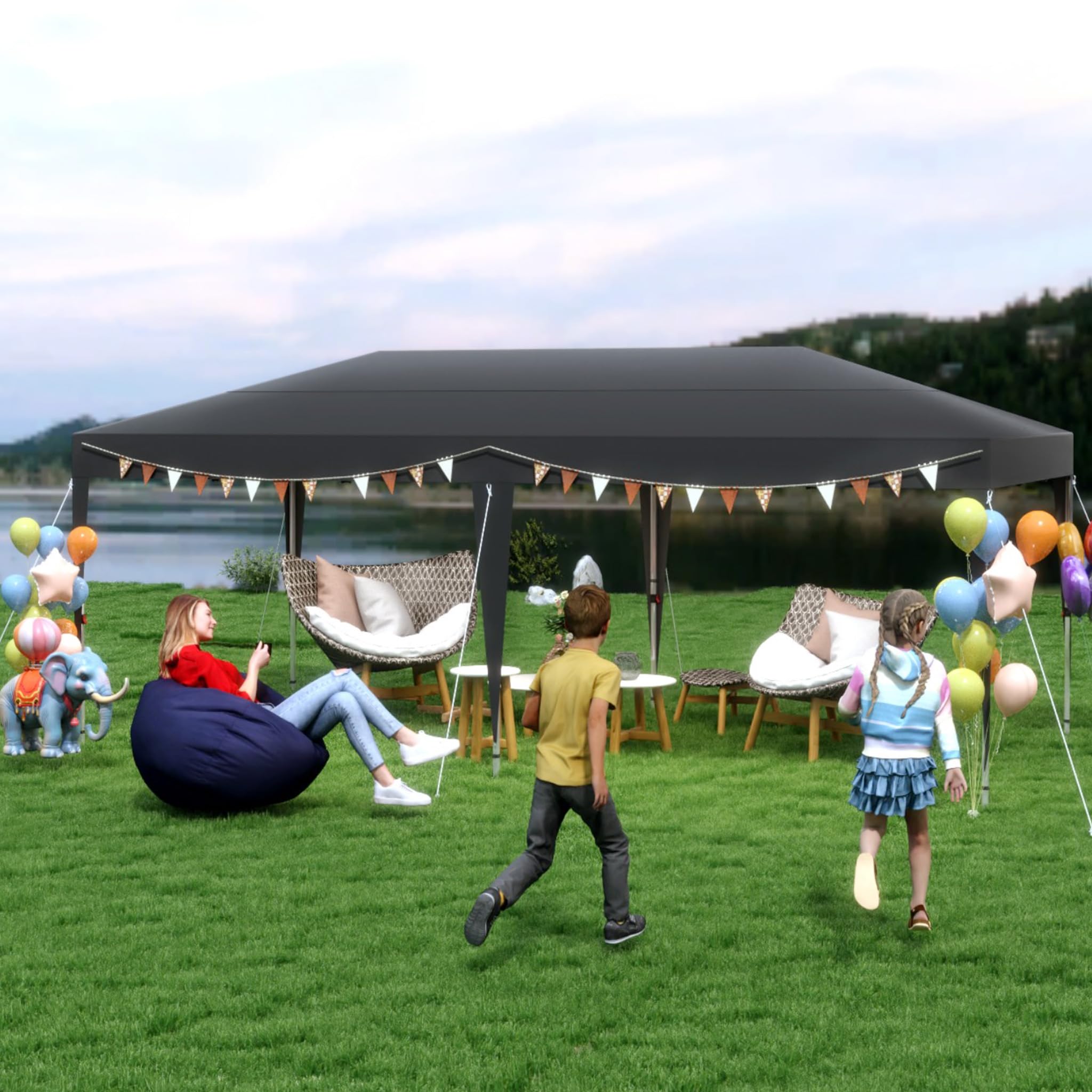 Aufun Pavillon Faltbar 3x6m, Faltpavillon Wasserdicht Sonnenschutz Stabil mit Dach aus Oxford, Partyzelt Camping Pavillon Gartenzelt Gartenpavillon für Garten, Party, Festival, Hochzeit,Schwarz