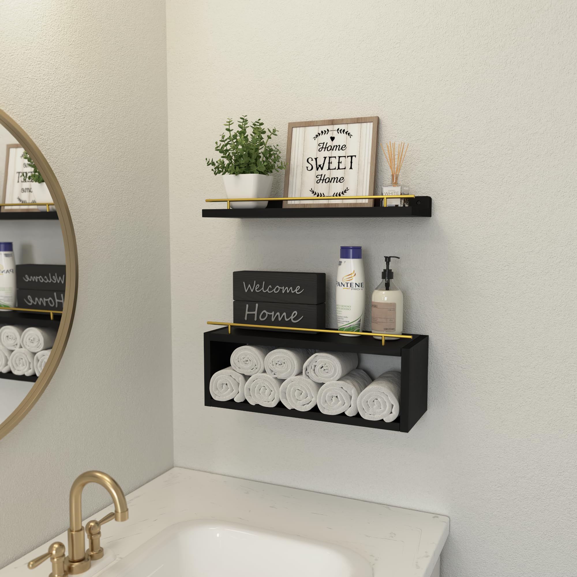 WOPITUES Floating Shelf with Extra Cube Shelf, Shelves for Wall Decor with Gold Metal Rail, Wall Shelves for Bedroom, Bathroom, Kitchen, Living Room, Plants, Pictures, Toilet Paper- Gold in Black
