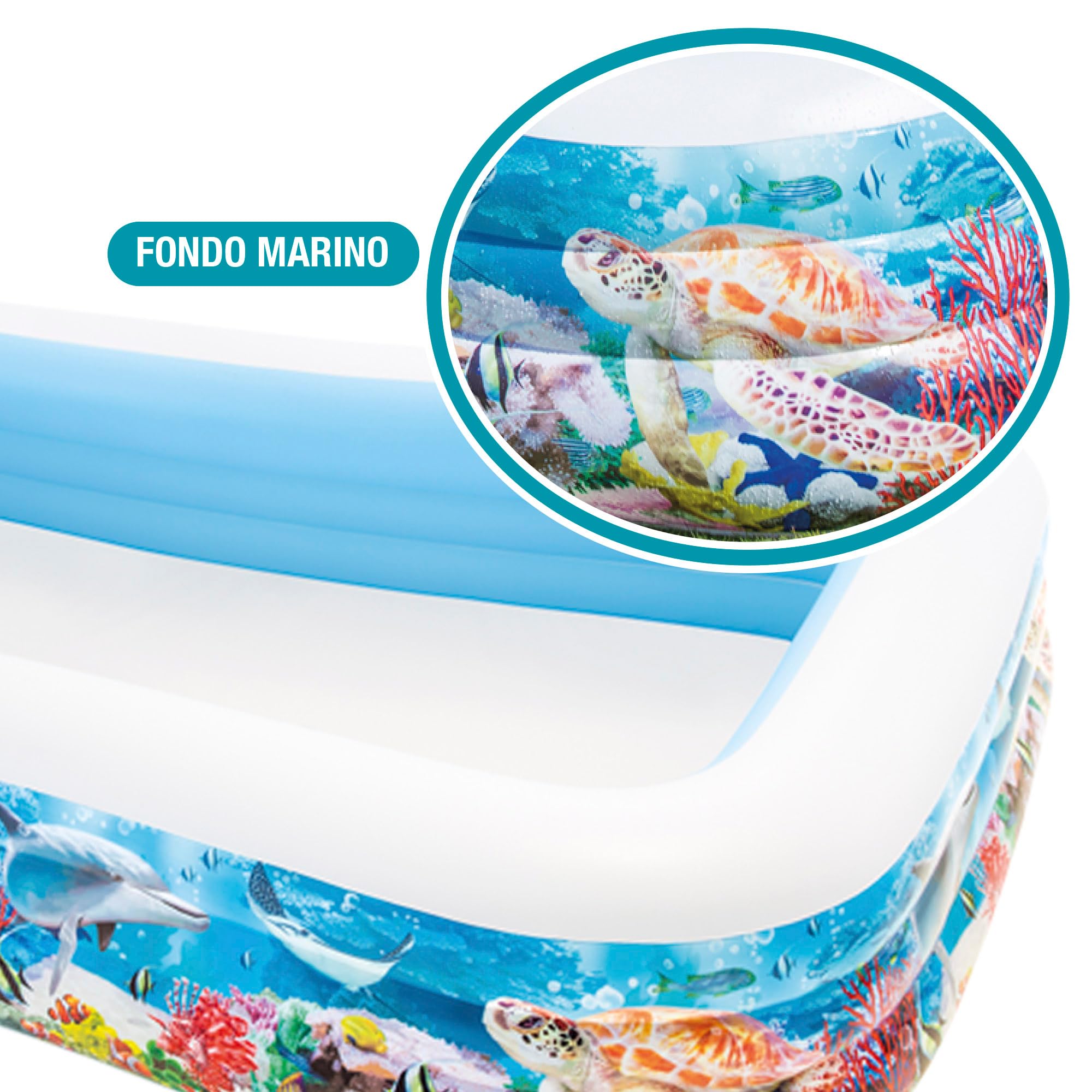 Intex Piscina Hinchable Grande diseño océano, 305x183x56 cm, 1050 litros, 3 cámaras de Aire, Tapón de desagüe, Vinilo Resistente, Uso Exterior, Ideal jardín y Verano, Parche Incluido, +6 años (58485)