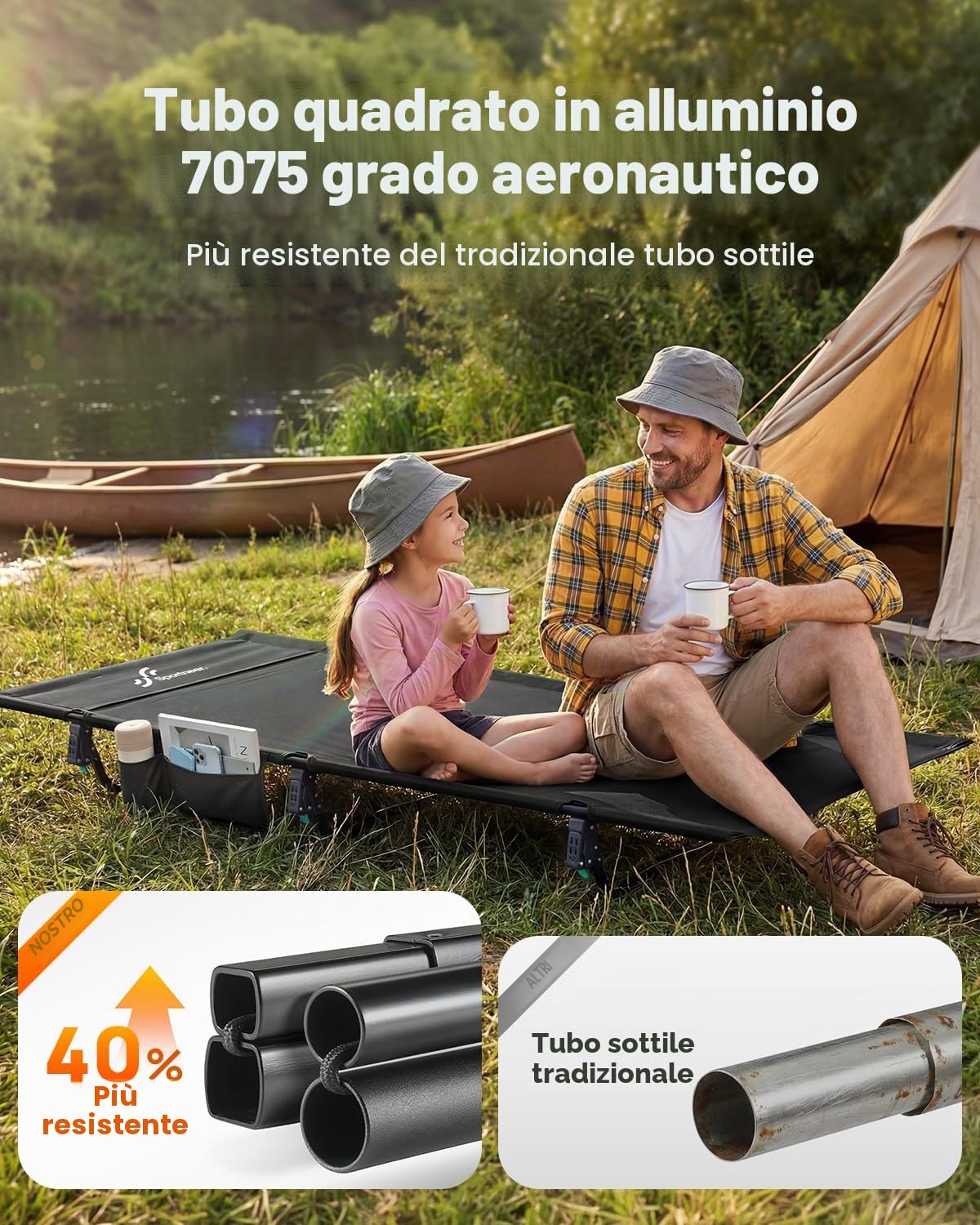 Sportneer Lettino da campeggio pieghevole: 80 cm, extra largo, compatto, con tasca laterale, leggero per tenda da viaggio, borsa di trasporto inclusa, facile da installare
