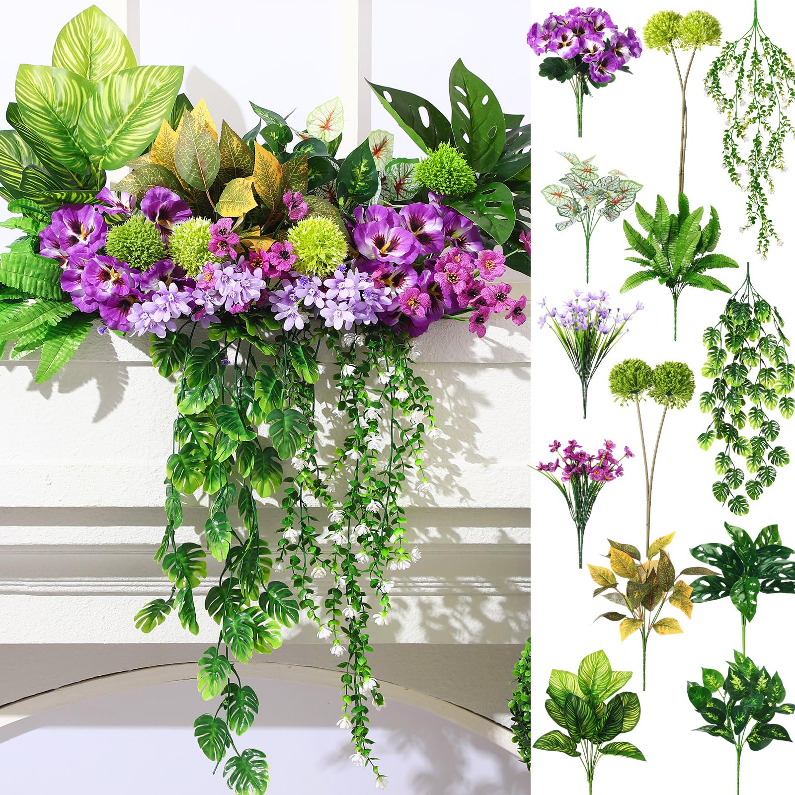 Plantes artificielles d'extérieur Giegxin lot de 18 fausses fleurs résistantes aux UV pour terrasse