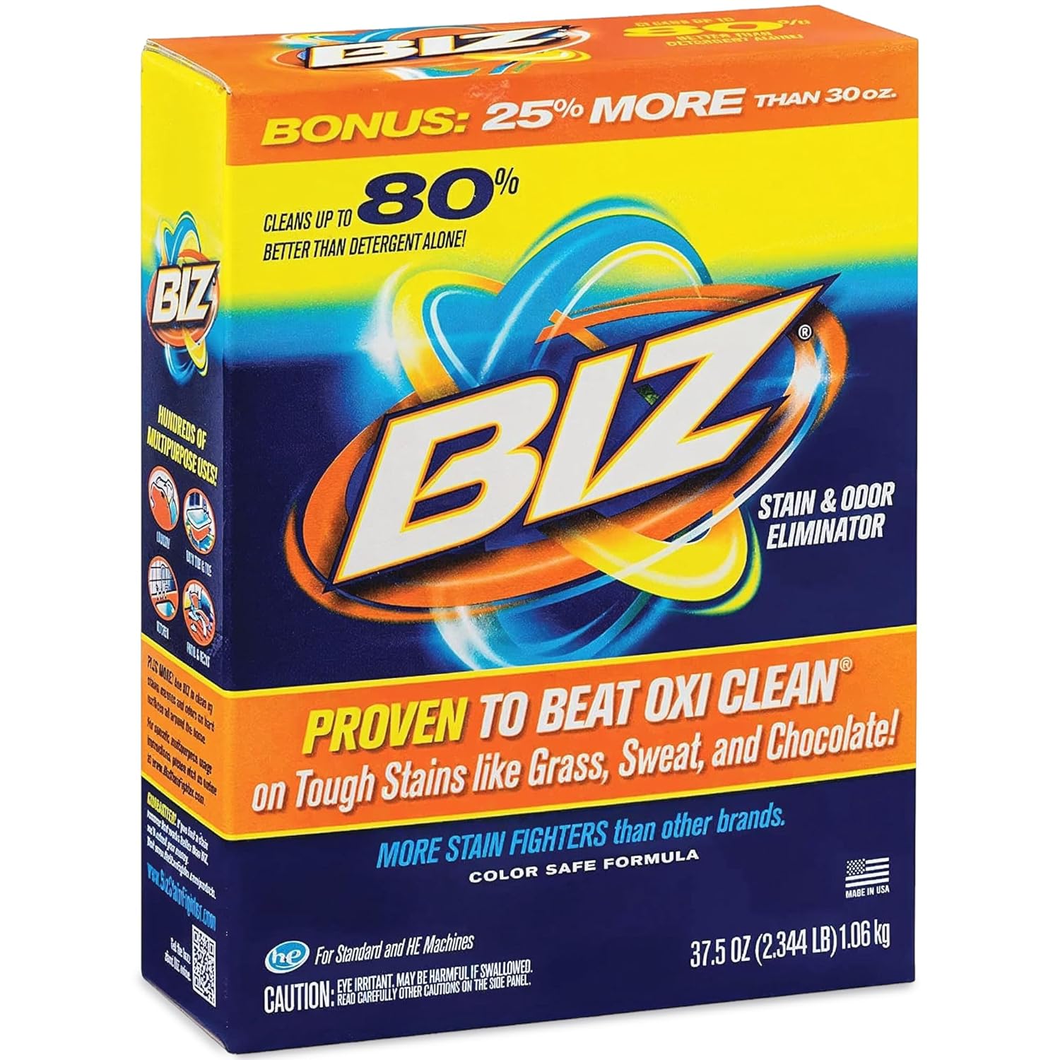 Biz Laundry Detergent Powder, Stain and Odor Eliminator for Tough Stains Like Grass Sweat and Chocolate, Powder Laundry Detergent with 4 Stain Fighters, Color Safe, HE Safe, Unscented, 37.5 Ounce