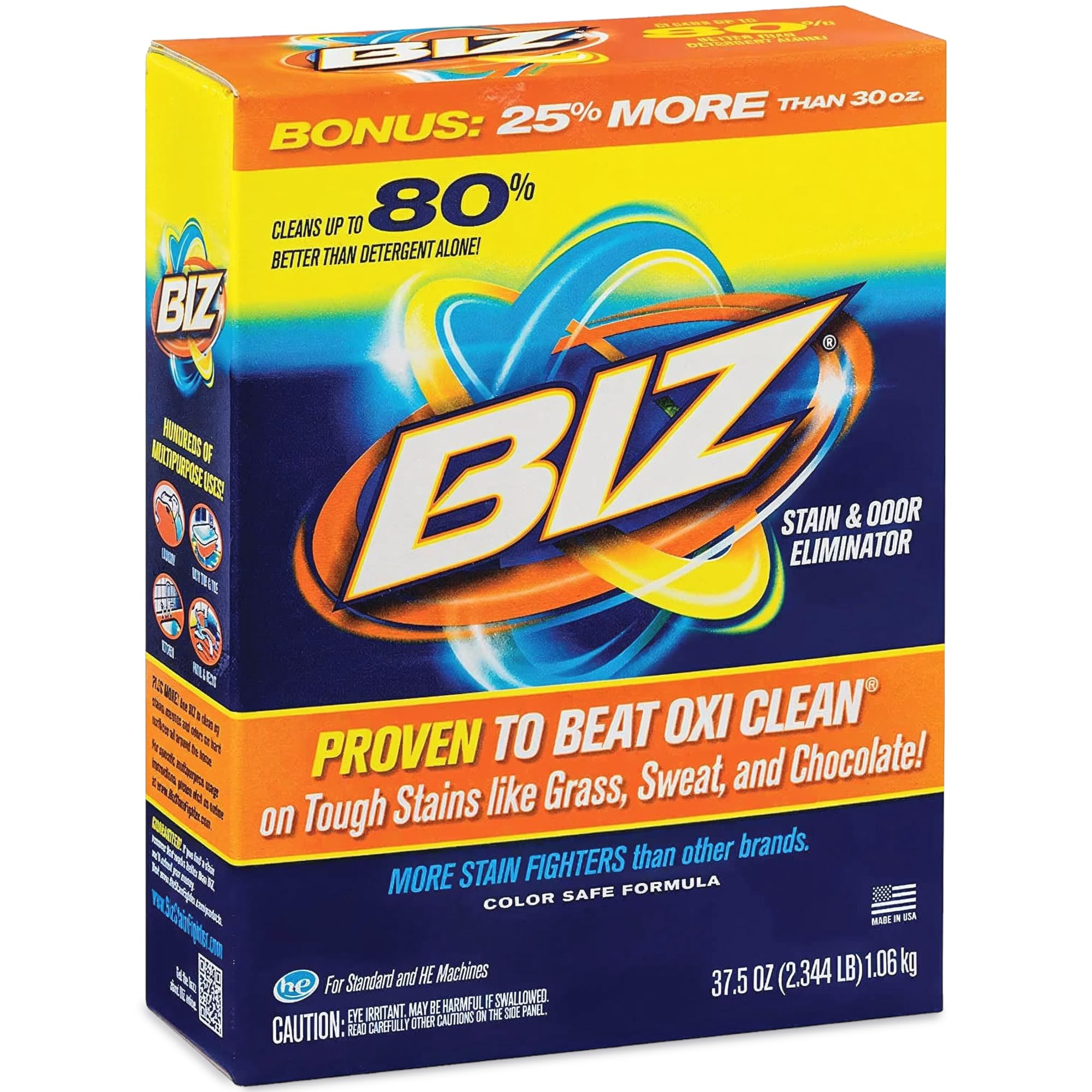 Biz Laundry Detergent Powder, Stain and Odor Eliminator for Tough Stains Like Grass Sweat and Chocolate, Powder Laundry Detergent with 4 Stain Fighters, Color Safe, HE Safe, Unscented, 37.5 Ounce