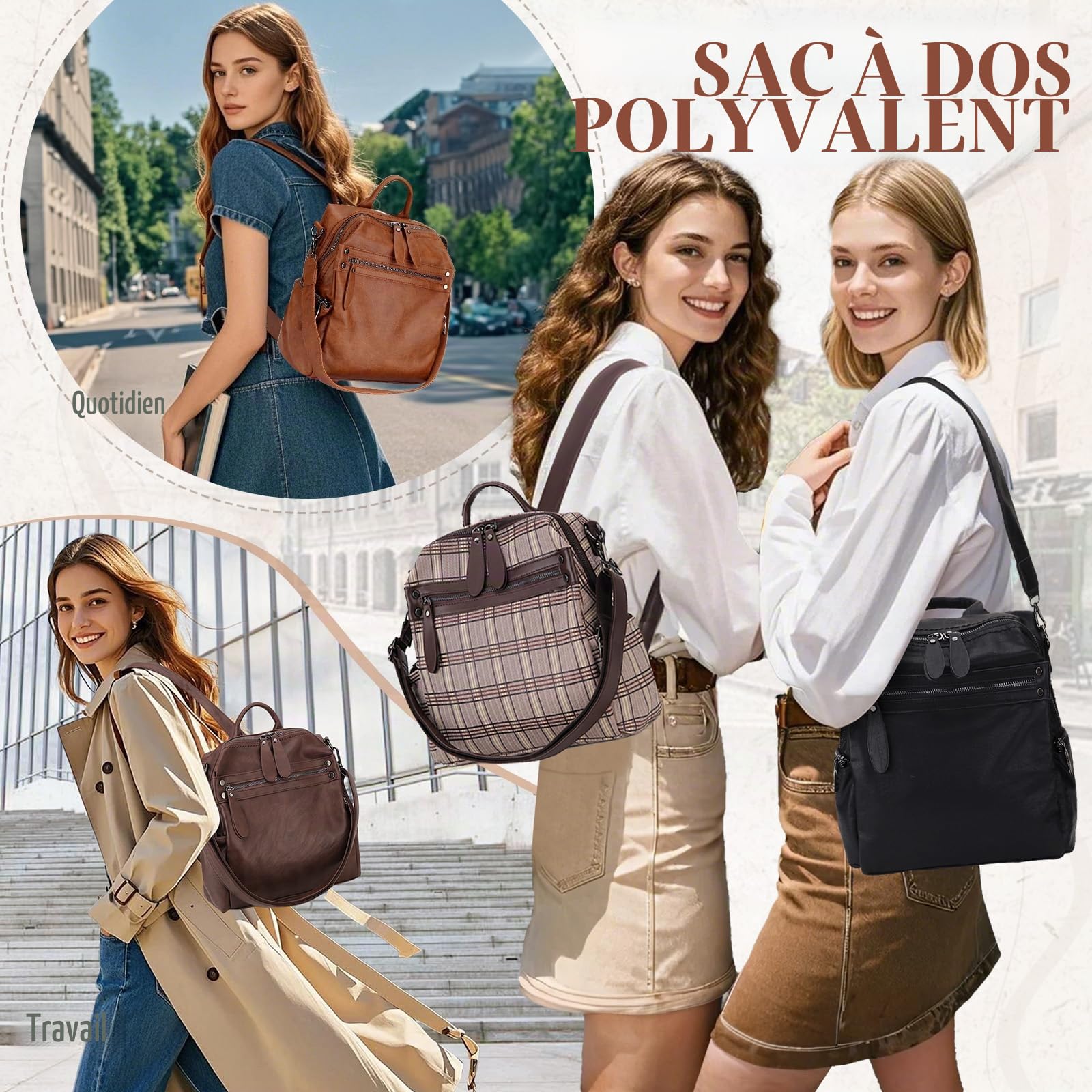 Sac à Dos Femme en Cuir PU Convertible en 2 Façons de Transporter un Sac à Bandoulière de Voyage pour Travail Scolaire