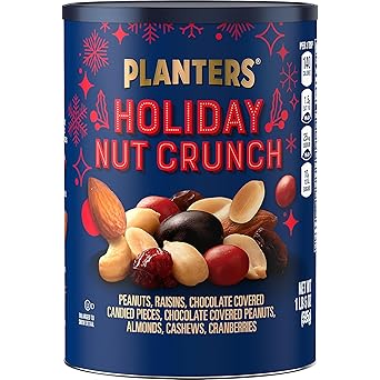 PLANTERS Holiday Nut Crunch Mix with Peanuts, Raisins, Chocolate Covered Peanuts, Almonds, Cashews, Cranberries, Holiday Snack, Party Nut Mix, 21oz Canister
