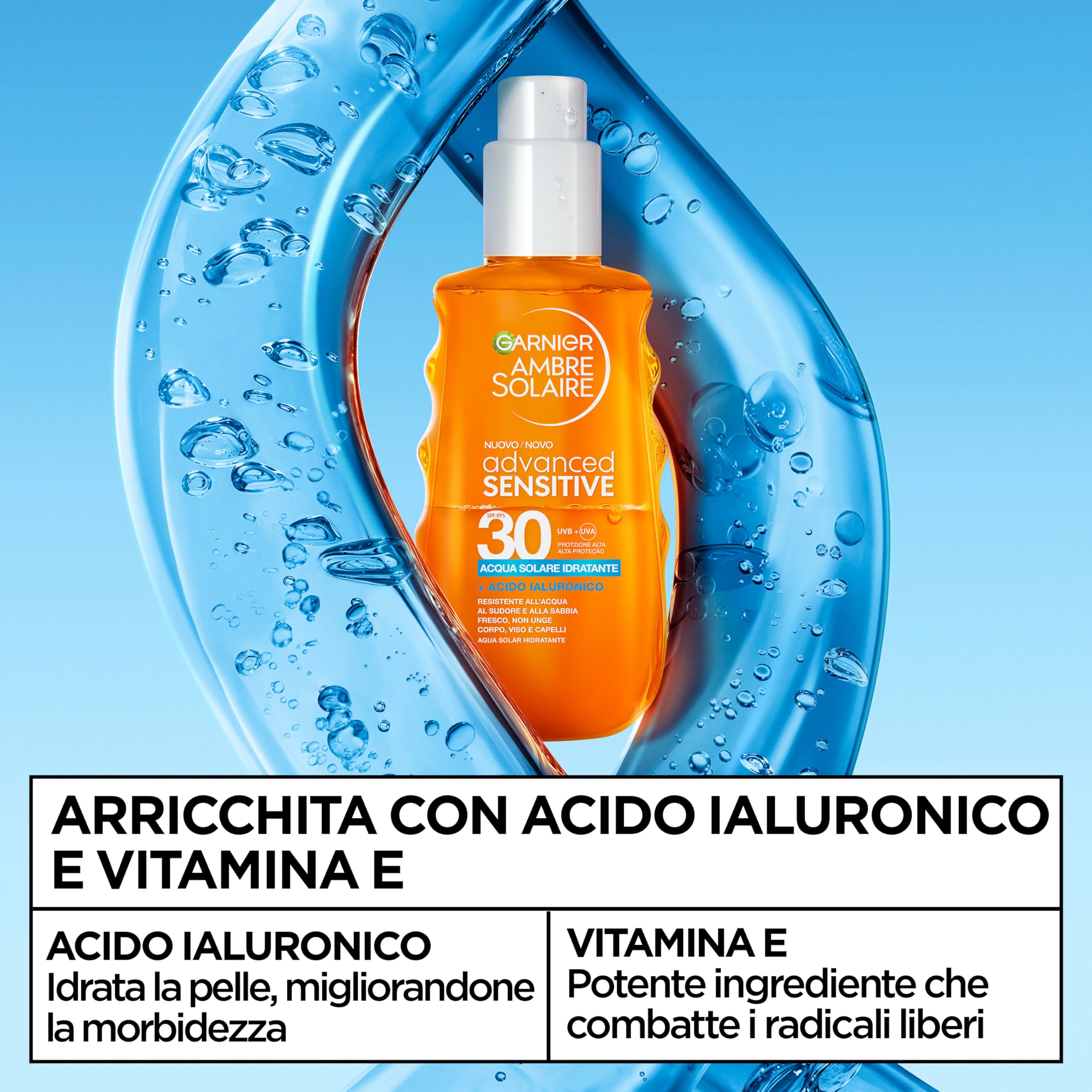 Garnier Acqua Solare Idratante SPF 30, Per Tutti i Tipi di Pelle, Idratazione e Protezione dagli UV, Resistente ad Acqua, Sudore e Sabbia, Finish Invisibile, Ambre Solaire Advanced Sensitive, 150 ml