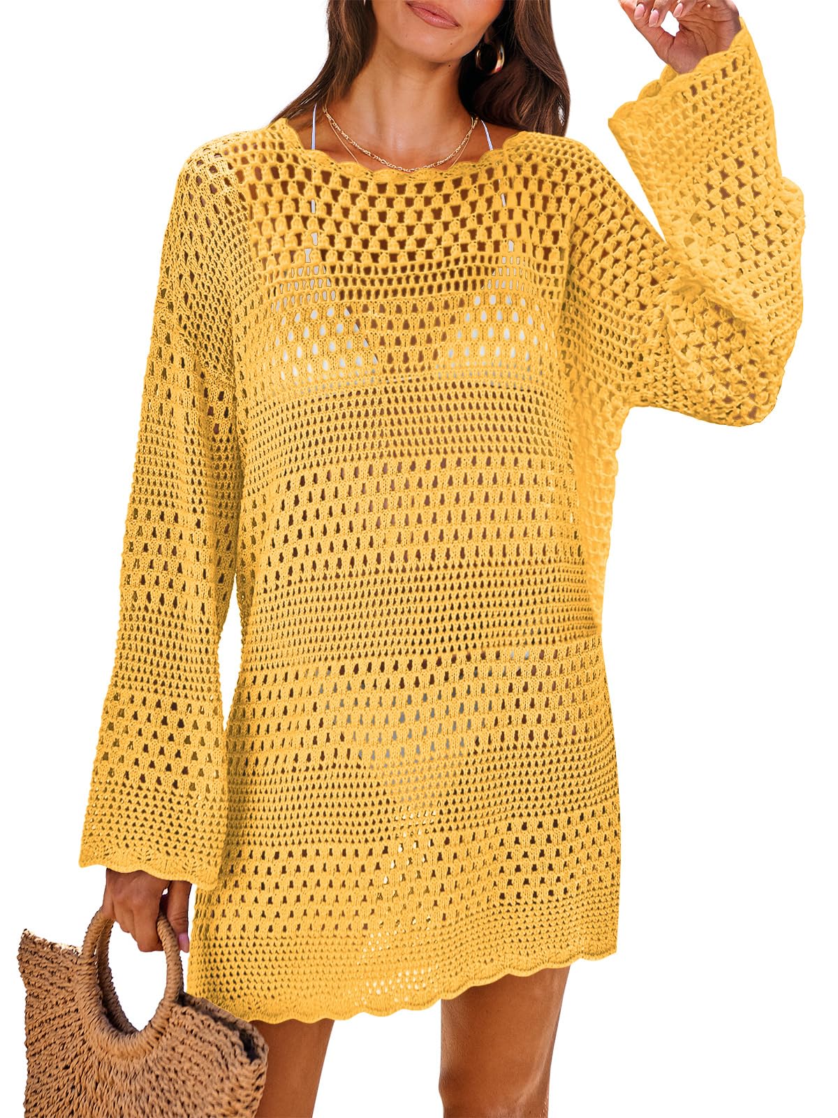 ANRABESS Women Swimsuit Cover Up Beach Crochet Bathing Suit Mini Dress