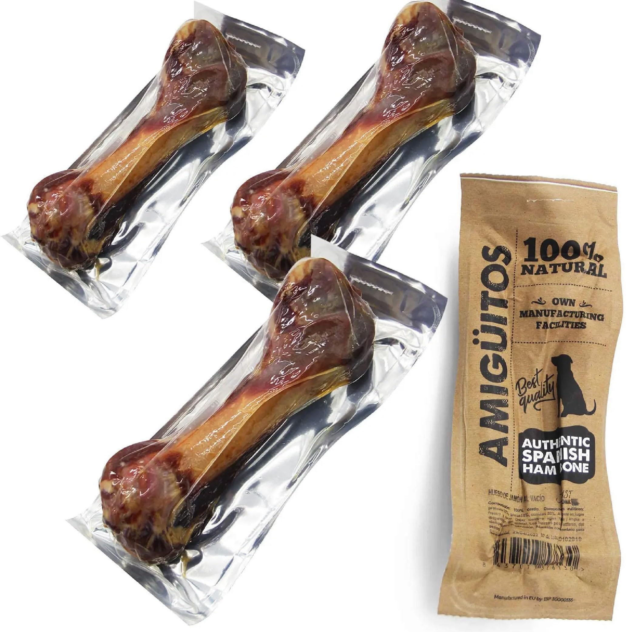 NESTQ - Hueso Jamón para Perros Natural al Vacío Grande Fortalecedor de Dientes Stick Dental Dog Snack mordedor - Alimento complementario Chuches, golosinas, premios, recompensas - Pack 4 Unidades