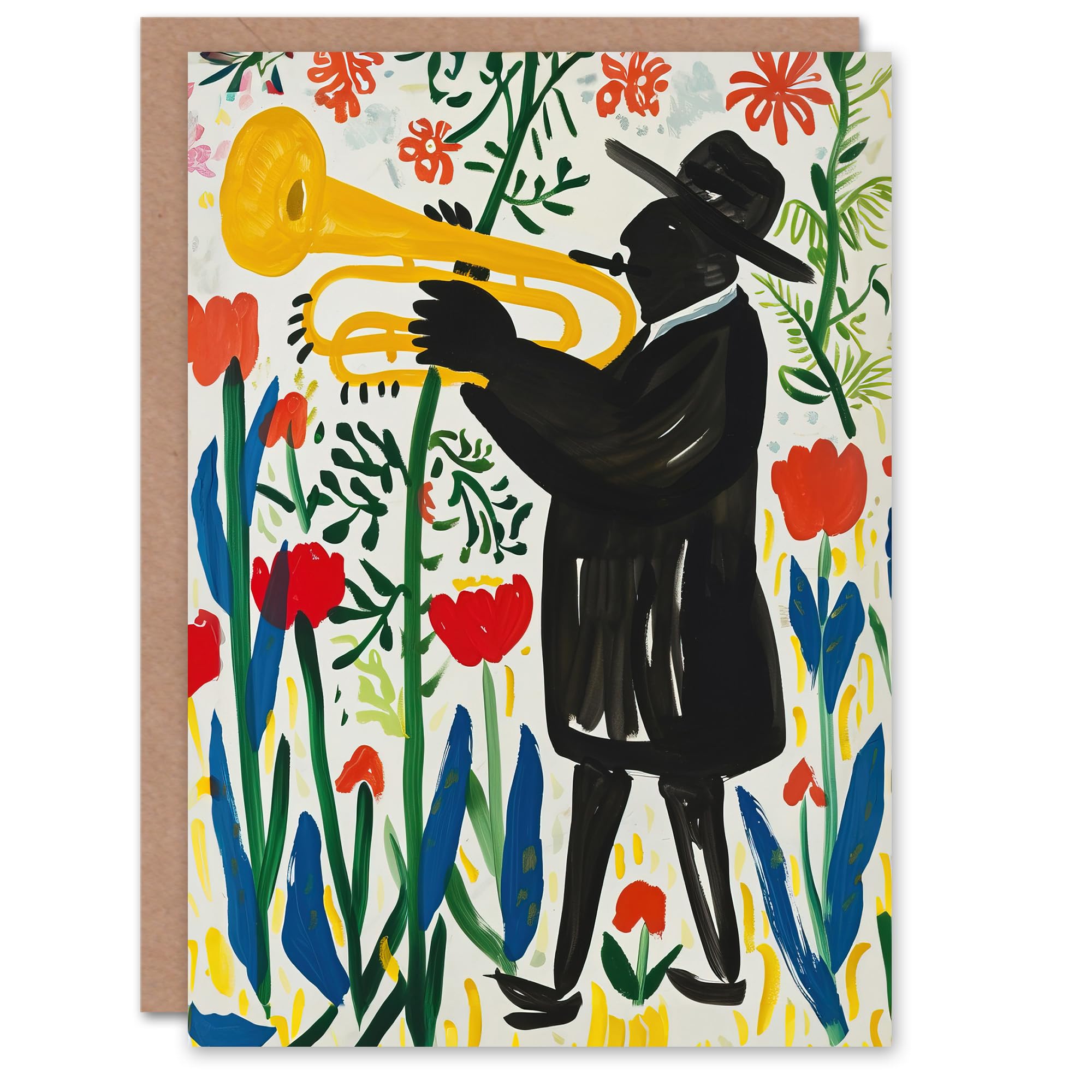 Artery8 Jazz Trombonist in Tulips Painting Fun Colourful Greeting Birthday Card Him Her All Blank