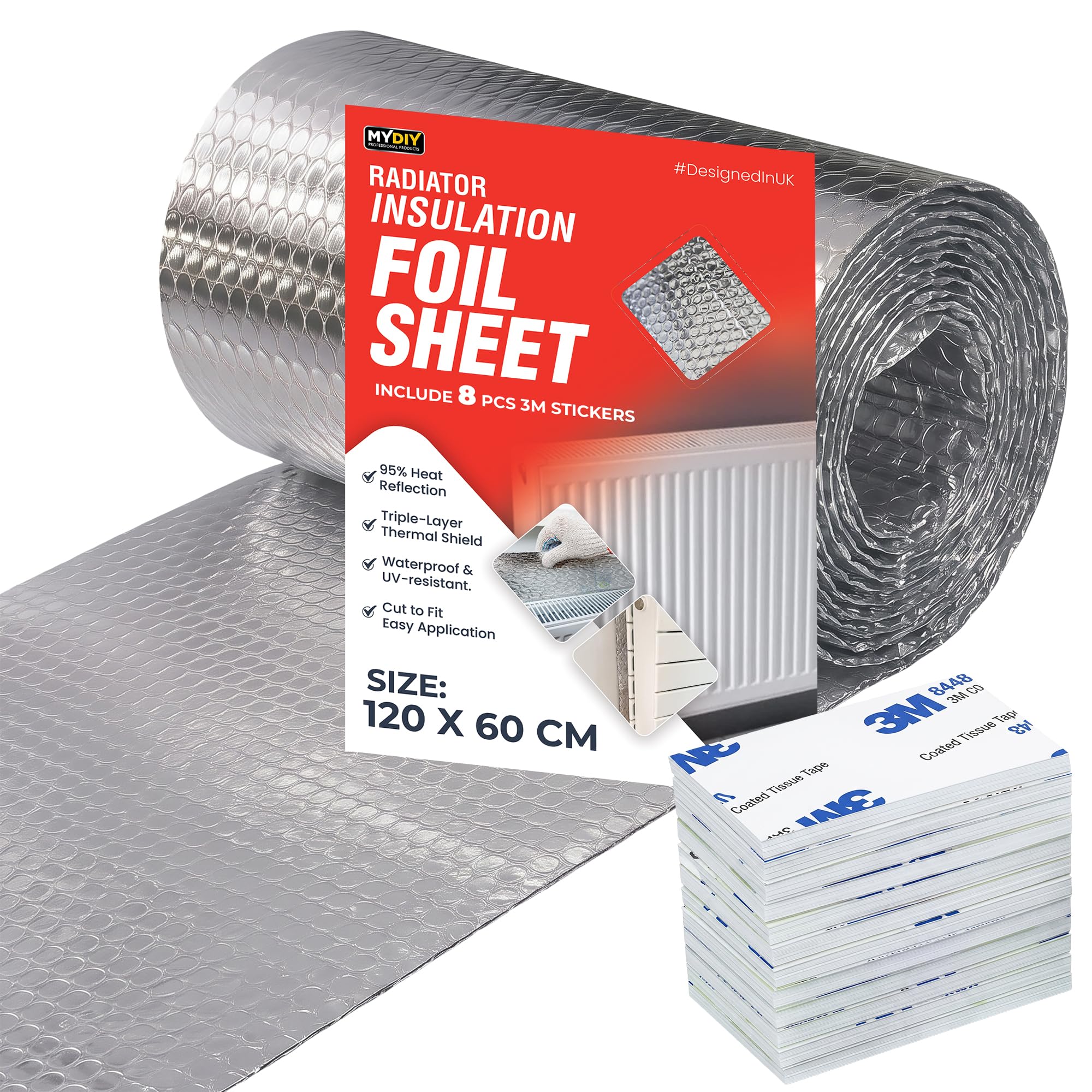 My DIY Radiator Insulation Foil Sheet 120cm x 60cm Reflects 95% Heat with 8 PCS Stickers Thermal Radiator Reflector UV Resistant, Energy Saving Foil for Wall & Floor Radiators