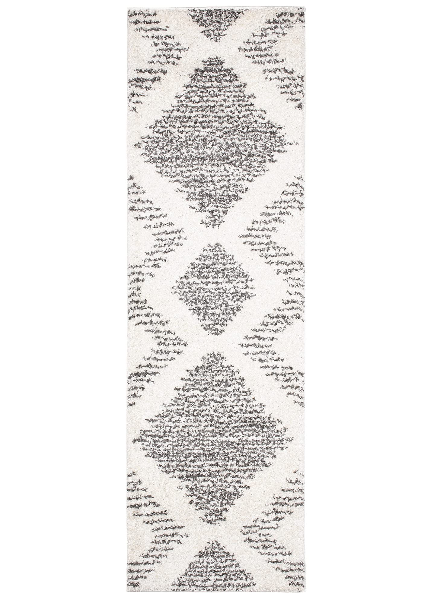 TAPISO Delhi Teppichläufer Hochflor Langflor Shaggy Creme Grau Modern Ethno Design Flauschig Wohnzimmer Schlafzimmer Flur Diele ÖKO-TEX 80 x 200 cm