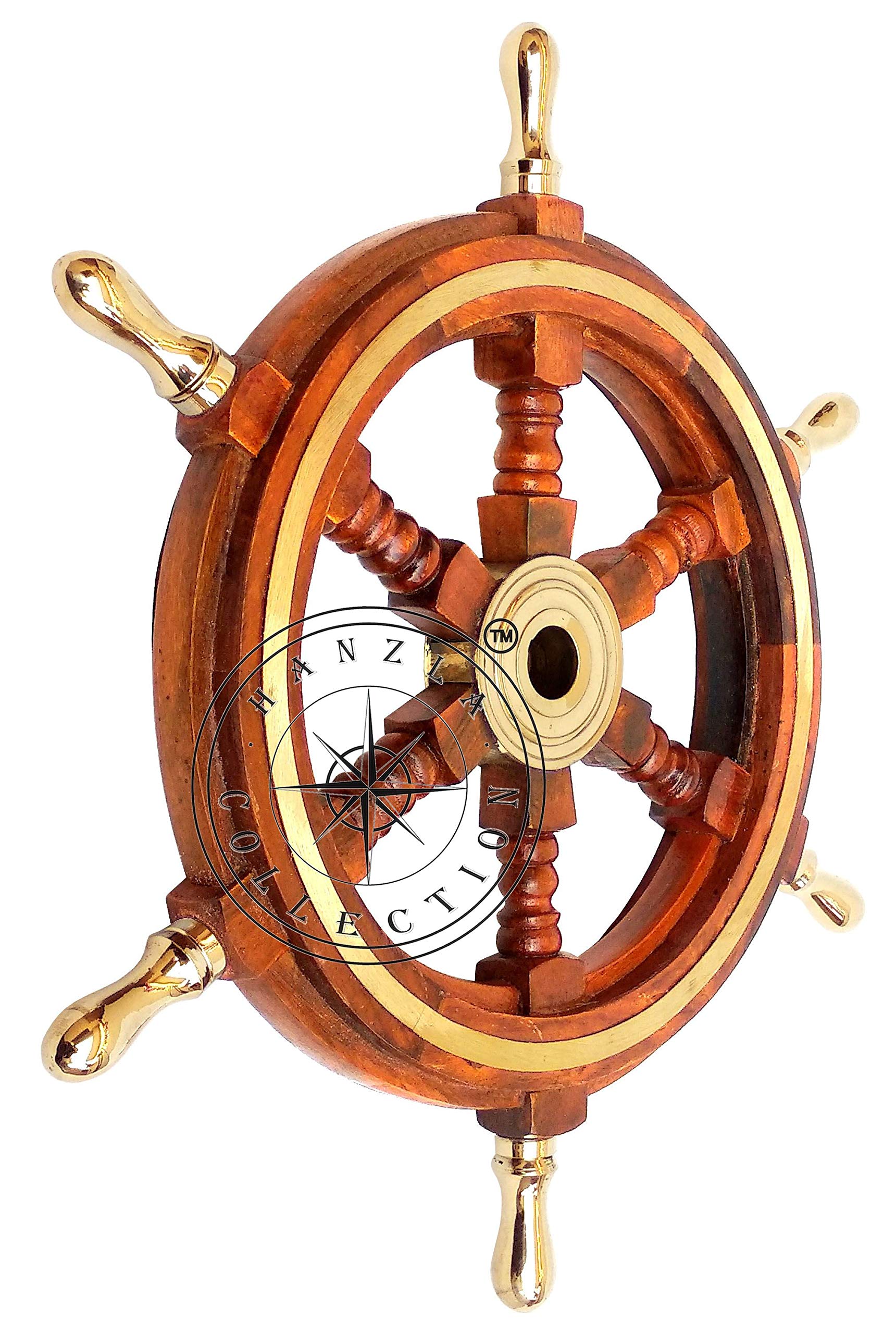 Hanzla Collection18" Nautical Wooden Ship Steering Wheel Pirate Decor Brass Fishing Wall Boat