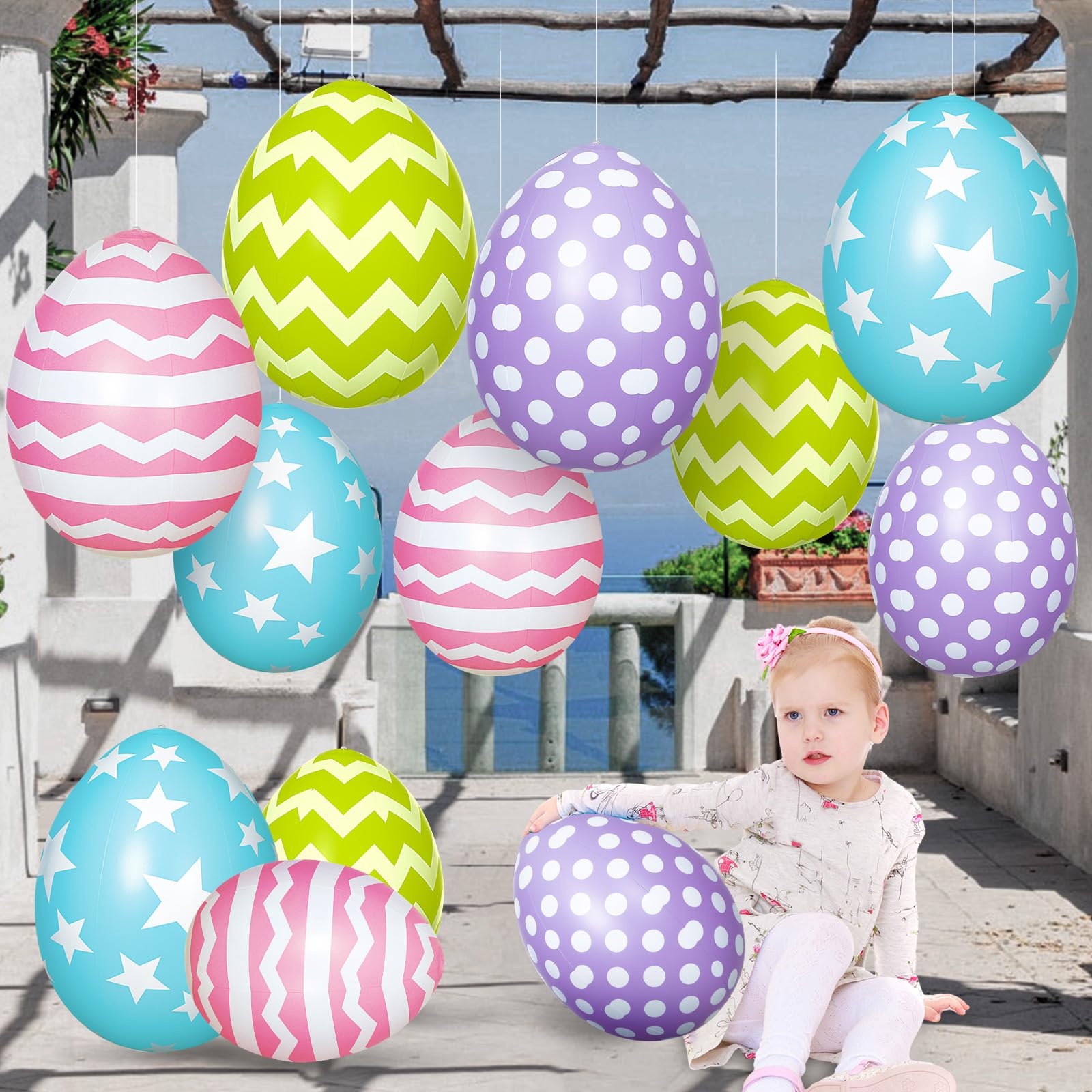 MiniInflat 12 Pcs Inflatable Easter Eggs Decorations - Large PVC Colorful Egg Easter Inflatable Outdoor Ornaments Decorations for Holiday Party, Yard, Home, Indoor & Outdoor(16 Inch, 24 Inch)