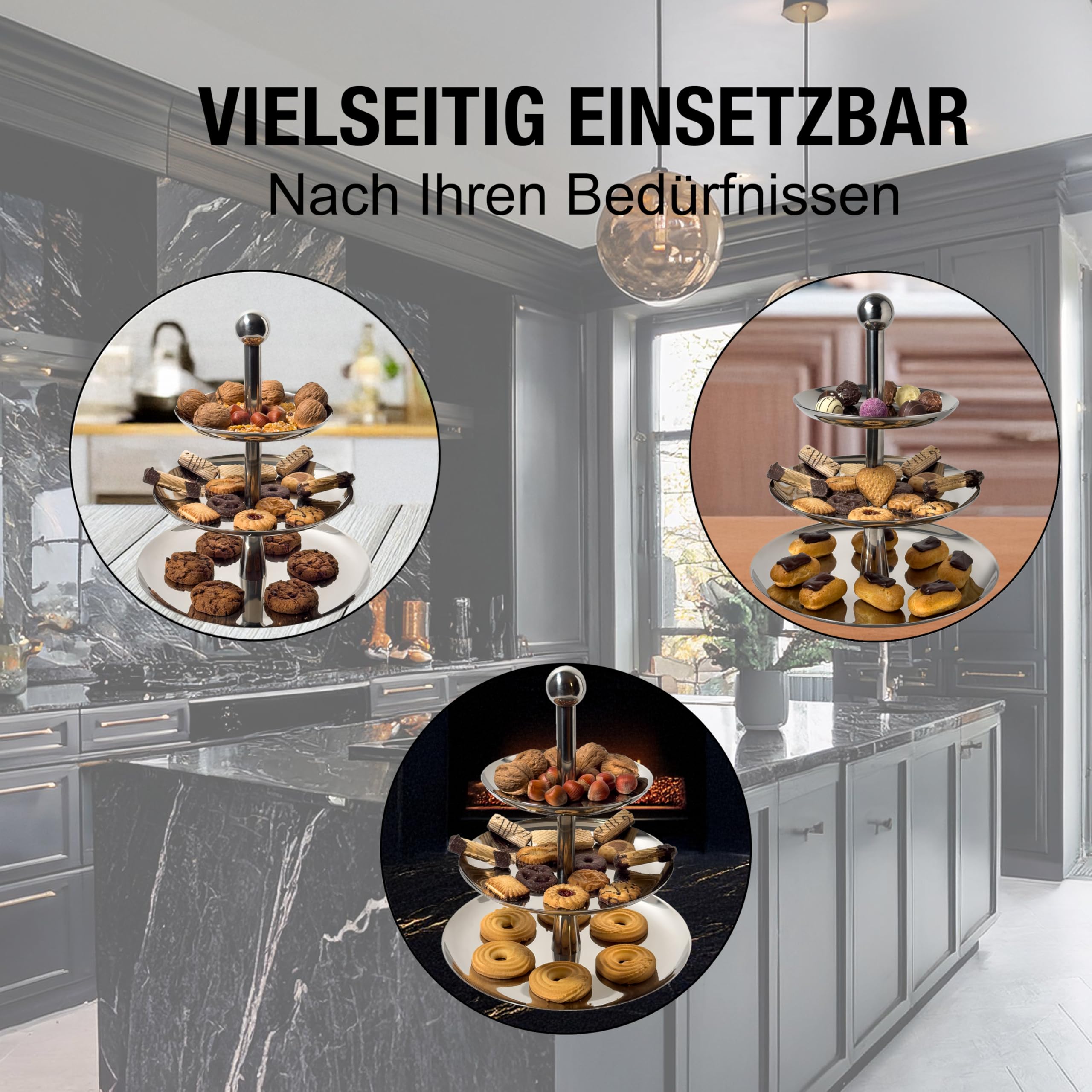 Alzata a 3 ripiani in acciaio inox – Torre di servizio robusta per cucina e buffet – Design elegante per torte, dessert, cioccolatini, sushi, gastronomia, decorazioni e molto altro ancora