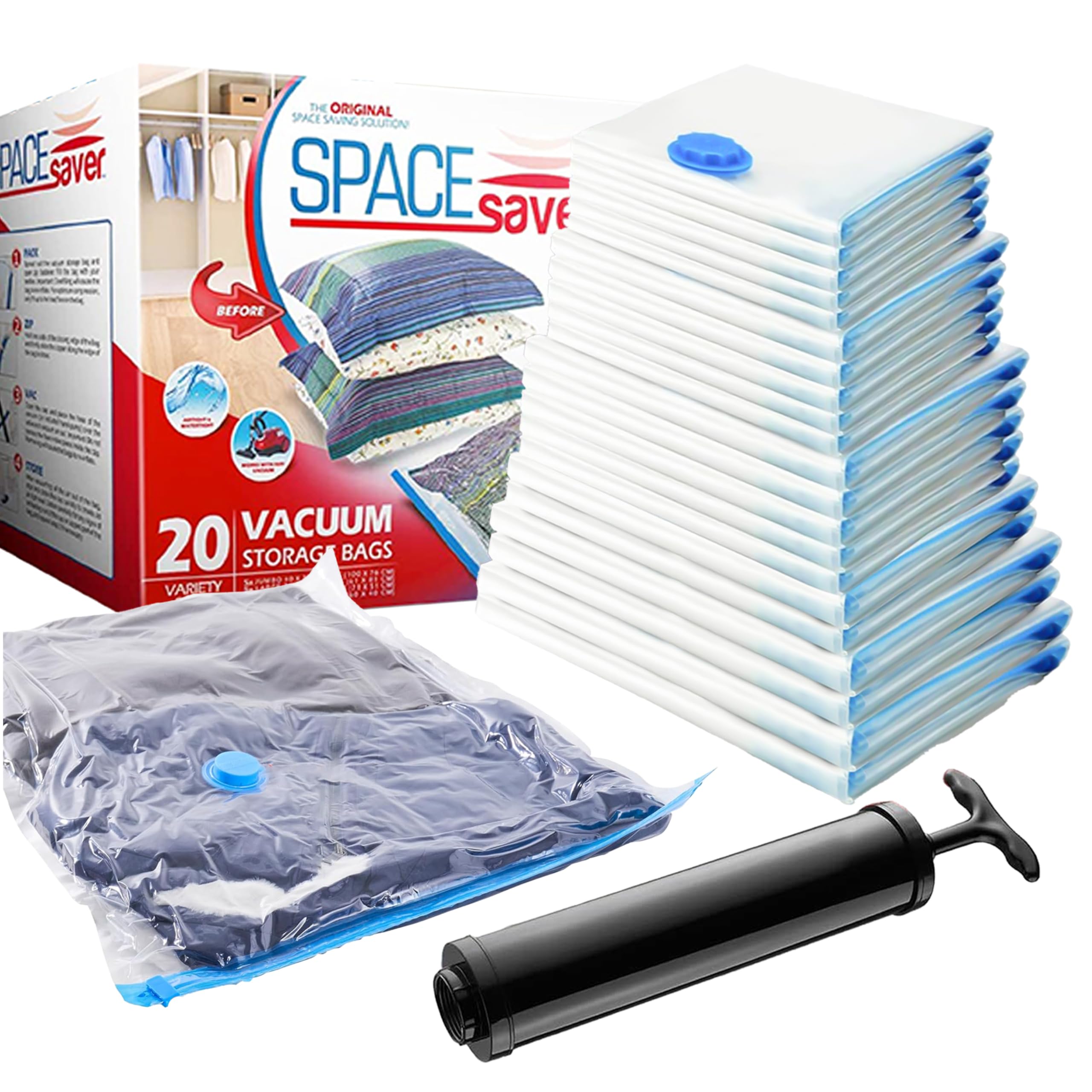 Spacesaver Space Bags Vacuum Storage Bags (Variety 20 Pack) Save 80% on Clothes Storage Space - Vacuum Seal Bags for Clothing, Comforters, etc - Compression Seal for Closet Storage. Pump for Travel