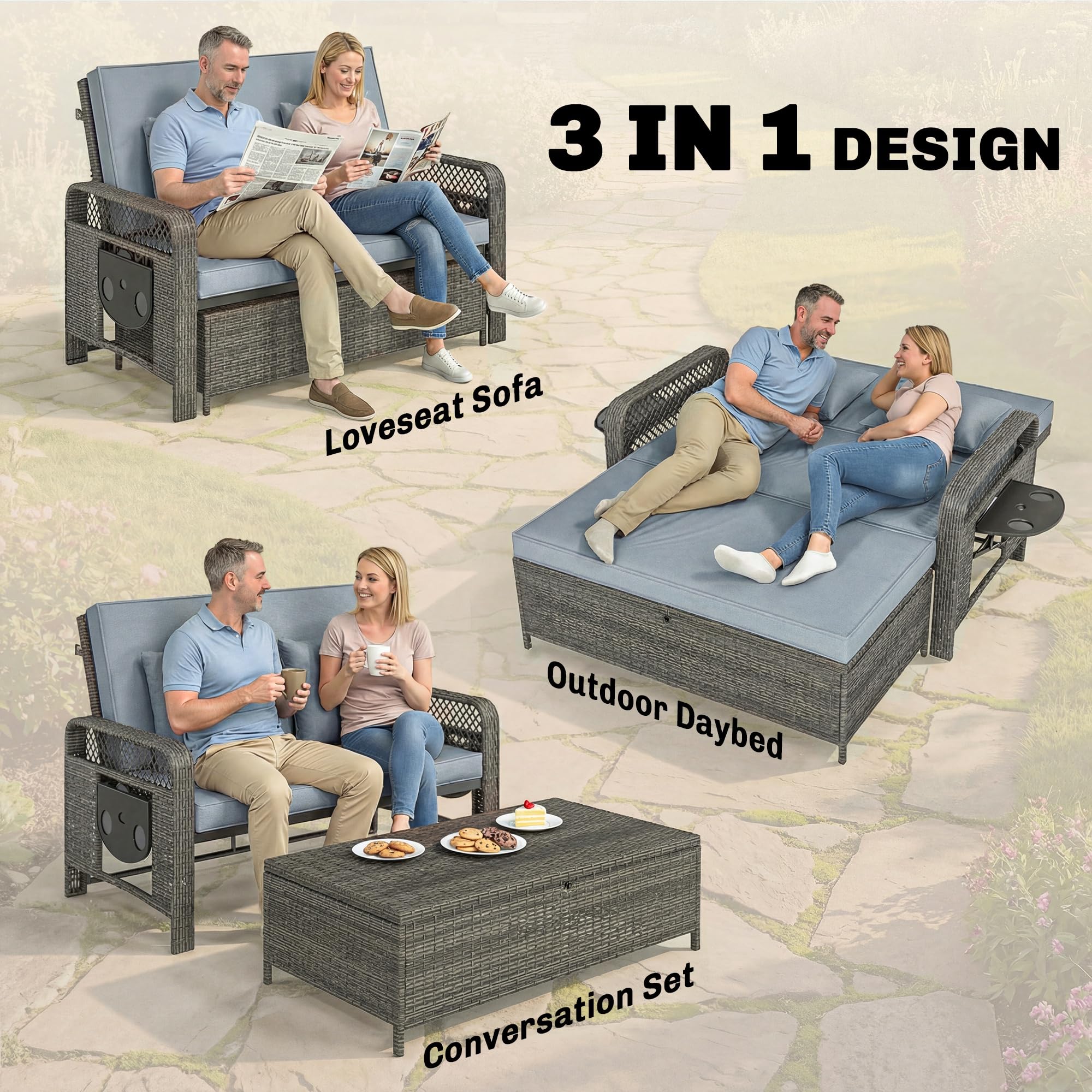 Outsunny 2 Pieces Patio Lounge Chair Set with Cushions, PE Wicker Outdoor Chaise Lounge with Adjustable Backrest, Side Trays and Storage Ottoman, Tanning Chair, Light Grey - 4