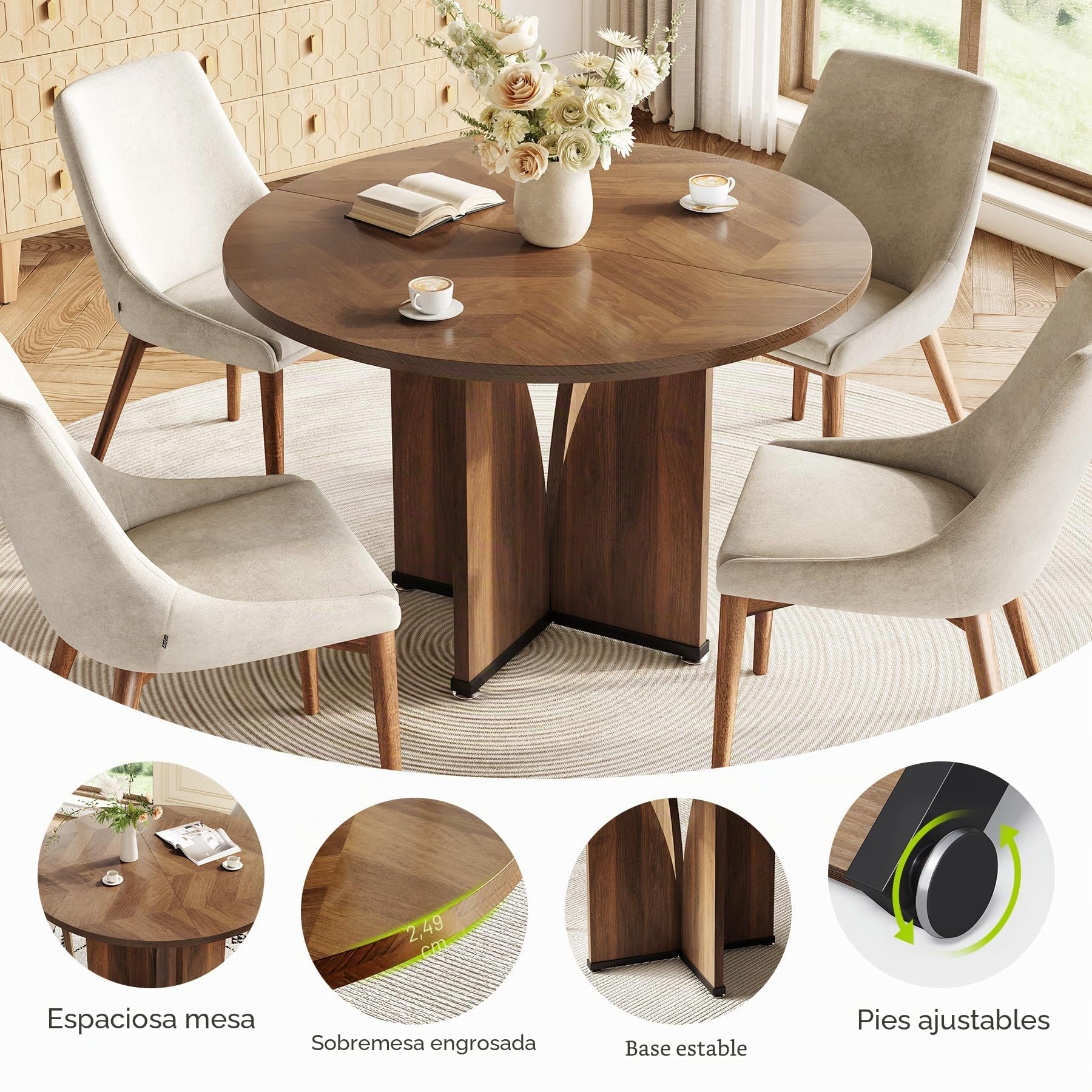 TRIBESIGNS Mesa De Comedor Redonda Para 4 Personas, Mesa De Cocina De 100 Cm, Estilo Rústico, Mesa De Cocina De Madera De Diseño Industrial, Pequeña Mesa De Comedor Redonda Para Comedor, Cocina