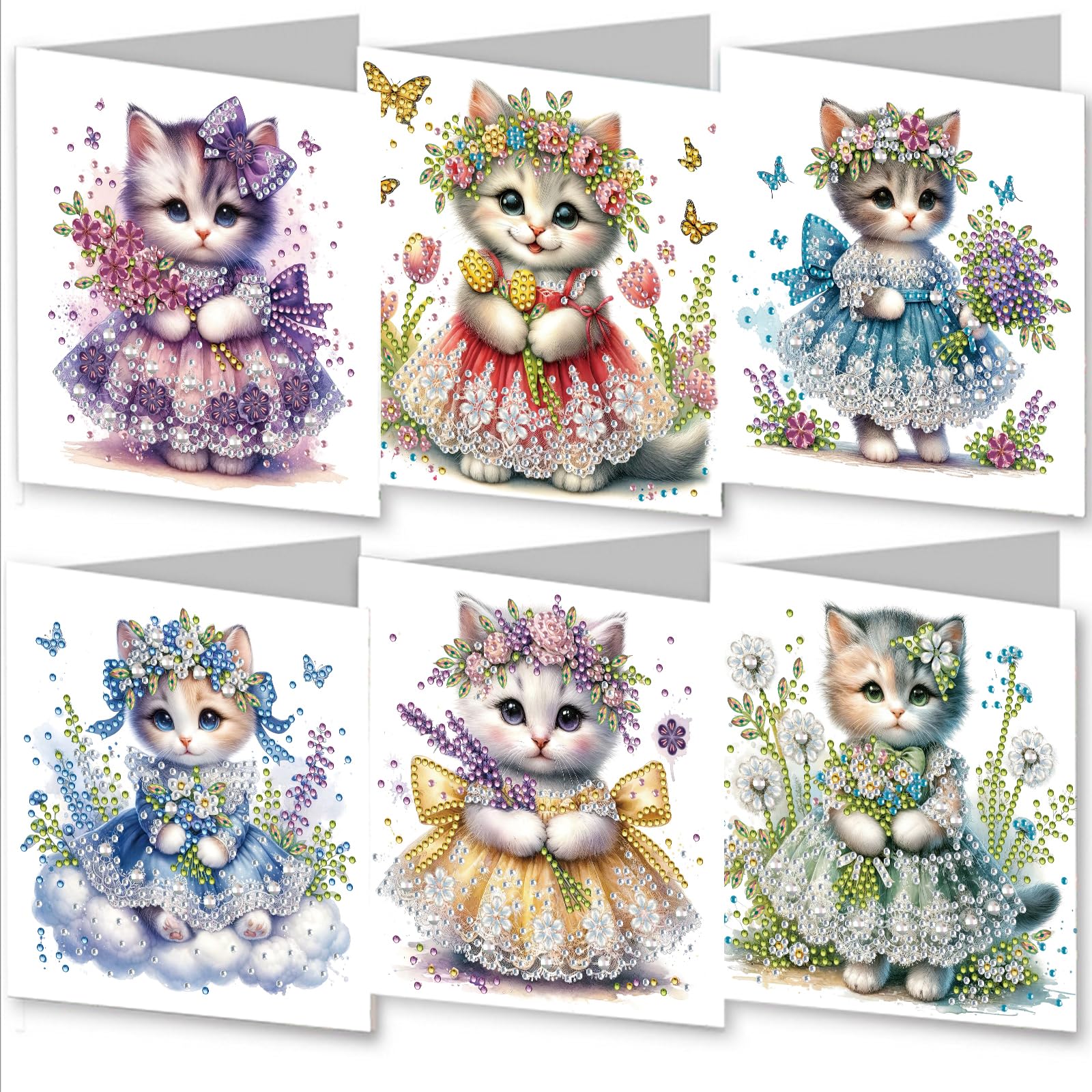 Awesocrafts 6pcs Diamond Art Christmas Cards Kits Kitten Flower Butterfly, DIY Diamond Painting Cards Sets, 5D Crystal Art Card with Envelopes, Postcards for Handmade, Xmas 30 * 15cm (Kitten)