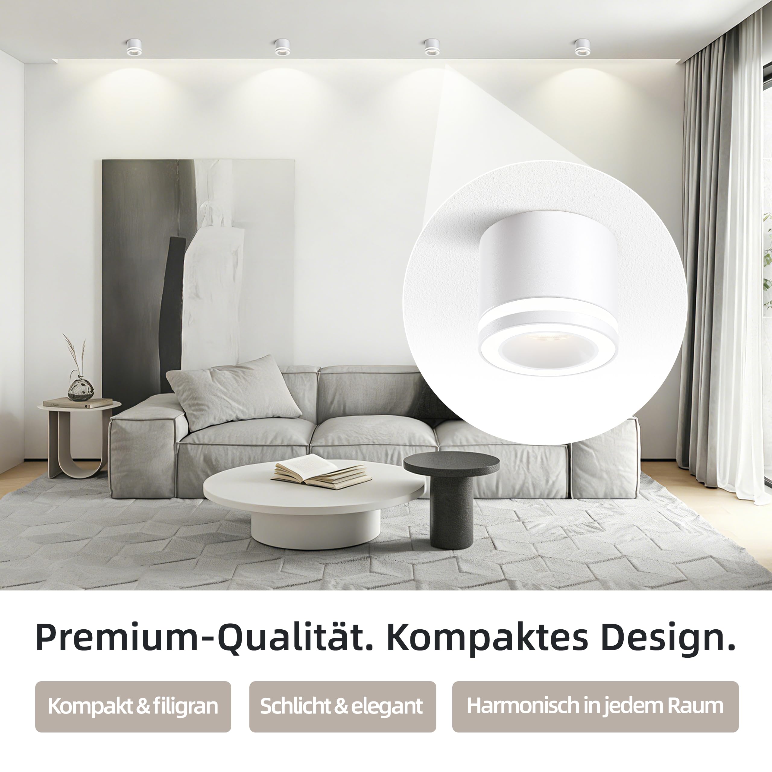 6er Deckenspots Schwarz, LED Aufbauspot Dimmbar Deckenstrahler | LED Spots 230V Blendfrei, Aufbaustrahler, LED-Modul 5W 550lm CRI90+, 3000K/4000K/6500K, für Küche Flur Wohnzimmer, Ø70x60mm