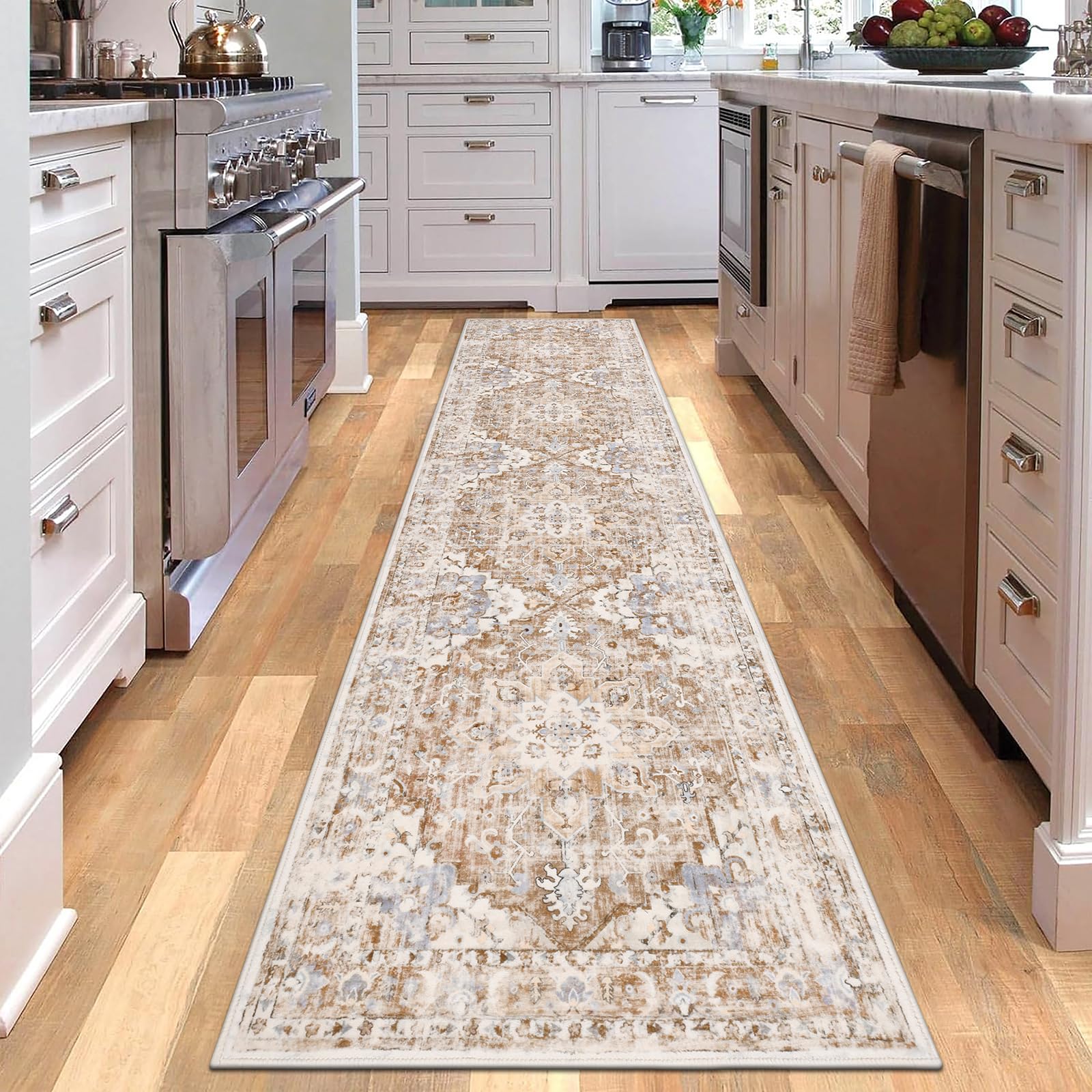 U'Artlines 2' x 8' Boho Hallway Runner Rug, Non Slip Soft Washable Vintage Farmhouse Accent Area Rug Carpet for Kitchen Entryway Laundry and Living Room (Beige Khaki)