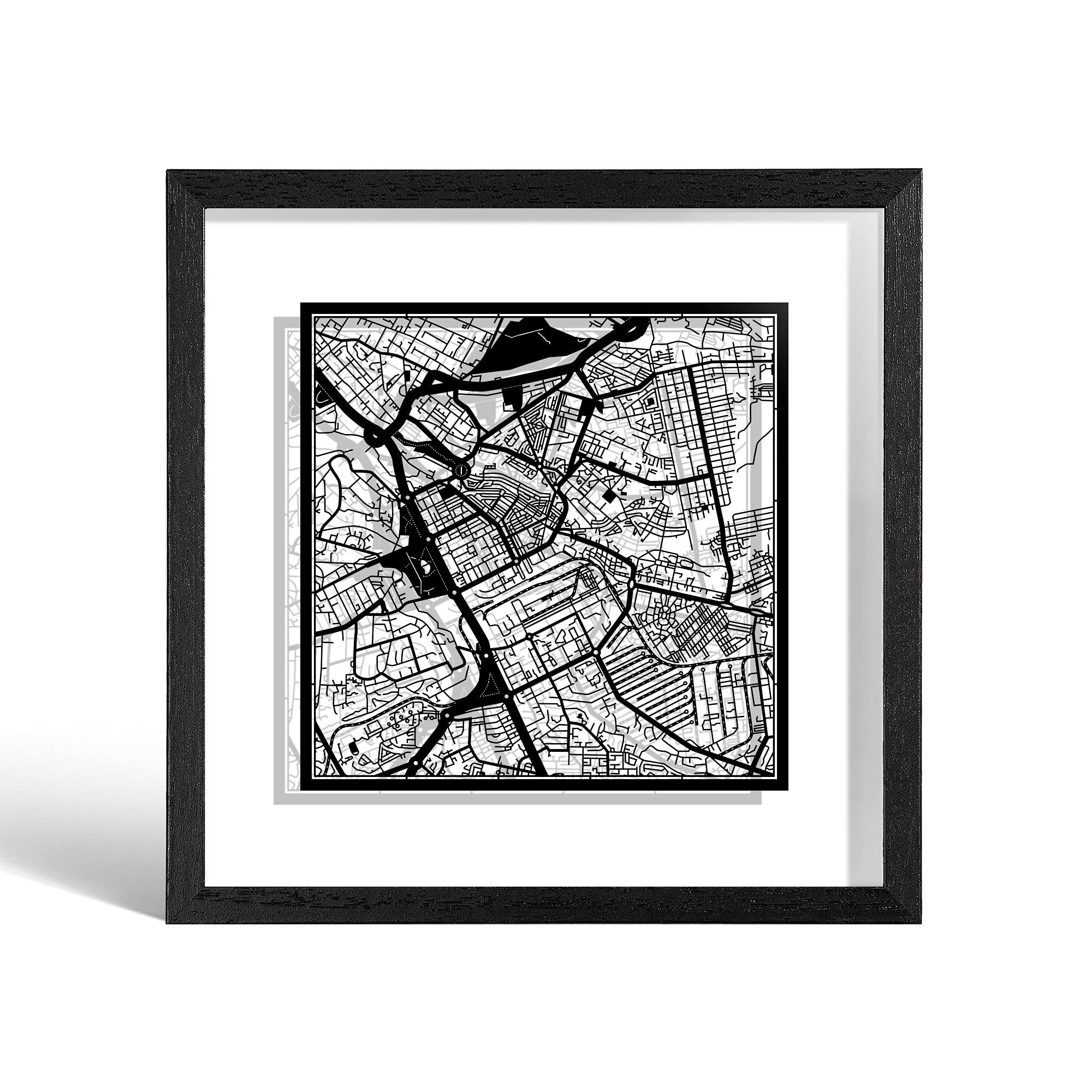 O3 DESIGN STUDIO Nairobi Paper Cut Map framed, Black map, Black frame, 23x23 cm, Gift Boxed, 2 background color, self-changing, Paper Art — image 1
