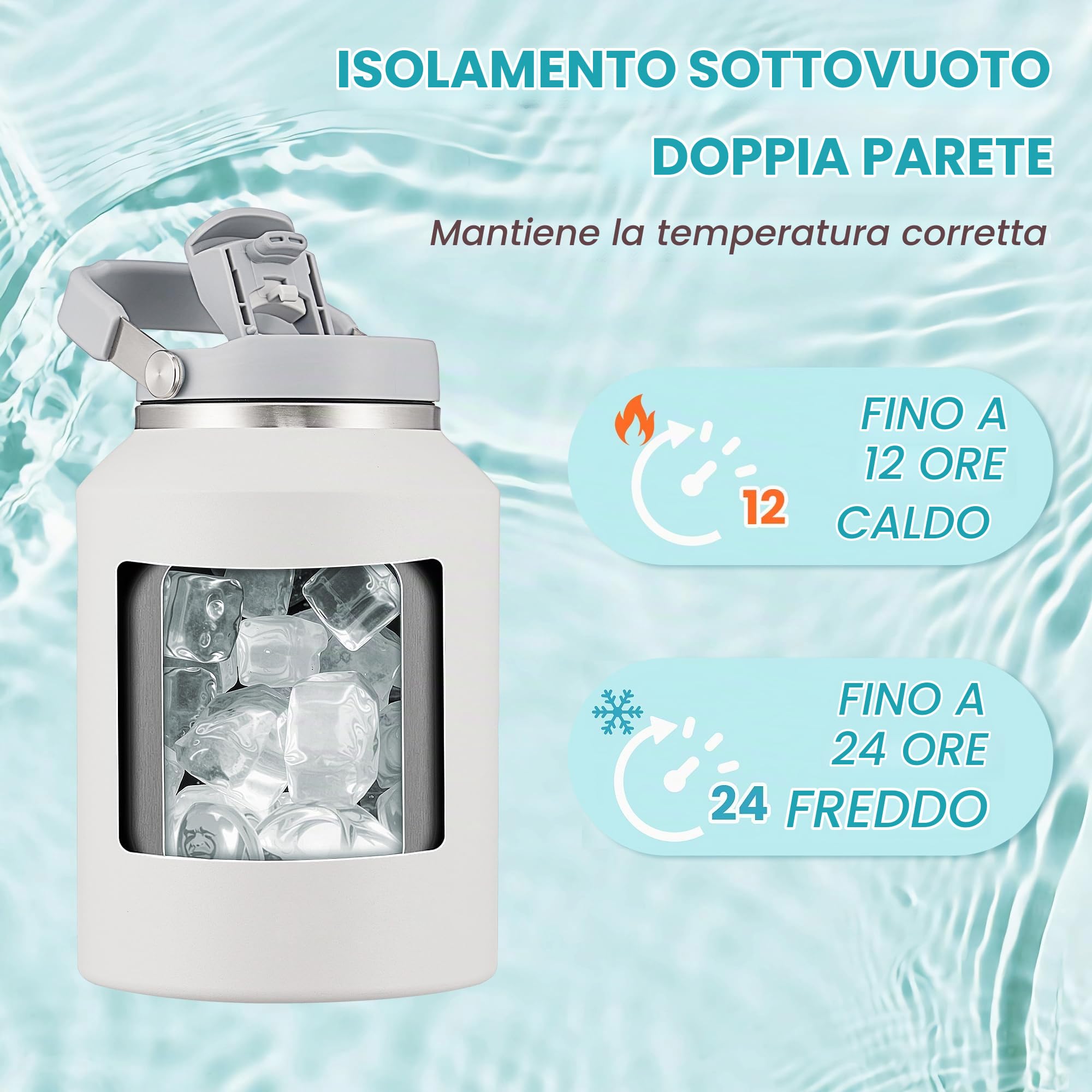 Borraccia Termica 2 litro Bottiglia Termica Senza Perdite Borraccia Palestra Sportiva in acciaio inox, rimanere fredde 24h o calde 12h, Senza BPA