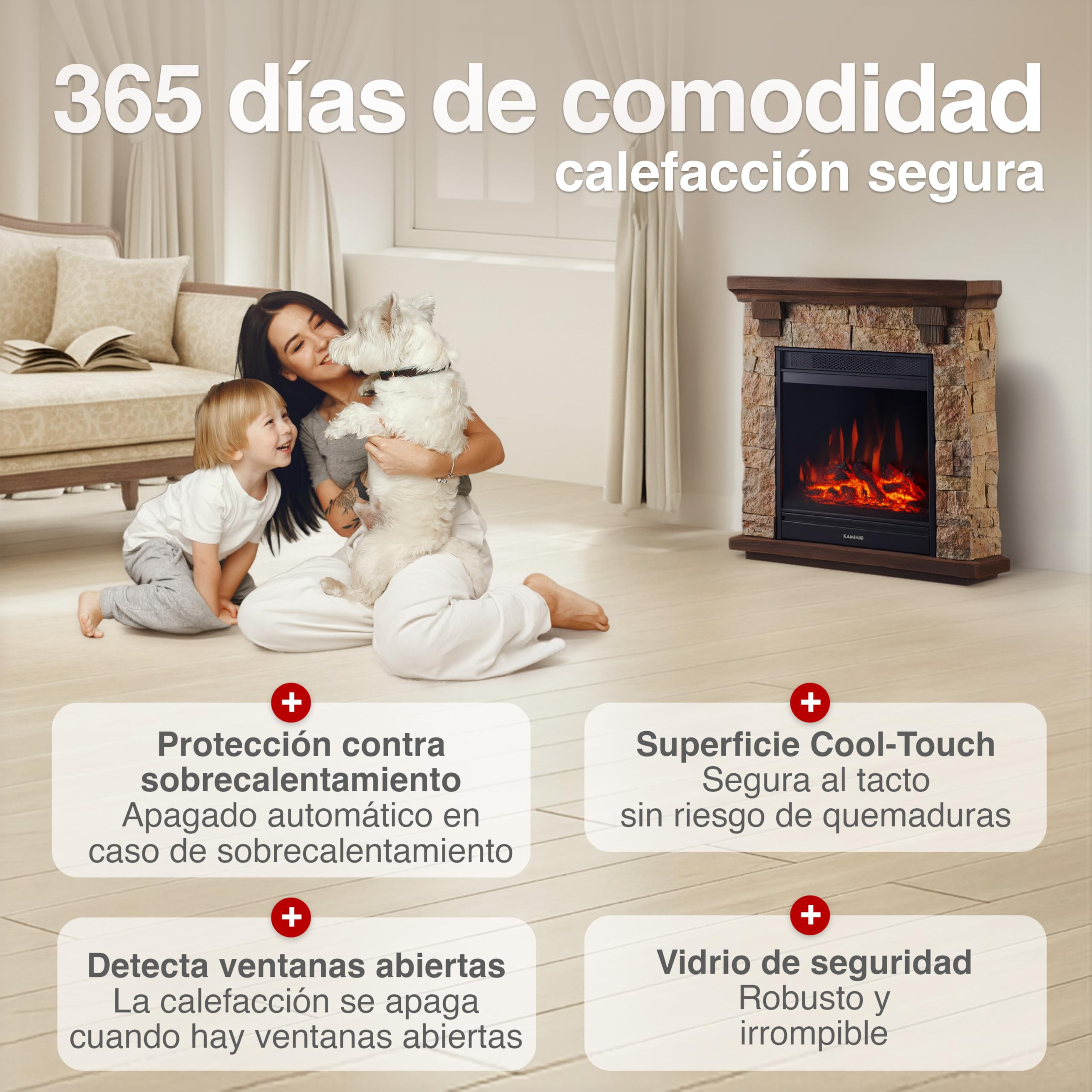 KAMINIO Chimenea eléctrica Juan - Chimenea eléctrica de pie con Aspecto de Piedra, función de calefacción, Efecto de Llama 3D y Mando a Distancia (Beige)