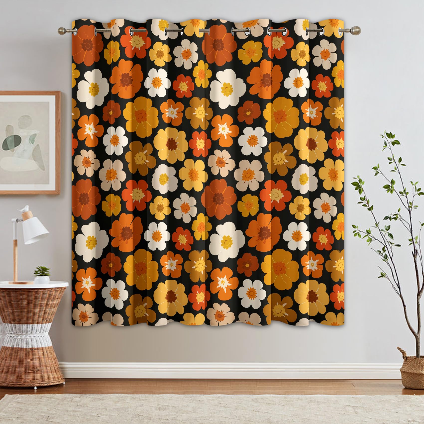 Rideau Hippie Occultant Motif Fleur Orange Jaune Retro Années 70 Rideaux Chambre Salon Cuisine Fenêtre 140 x 245 cm, Oeillets Rail Rideaux Occultants Thermique