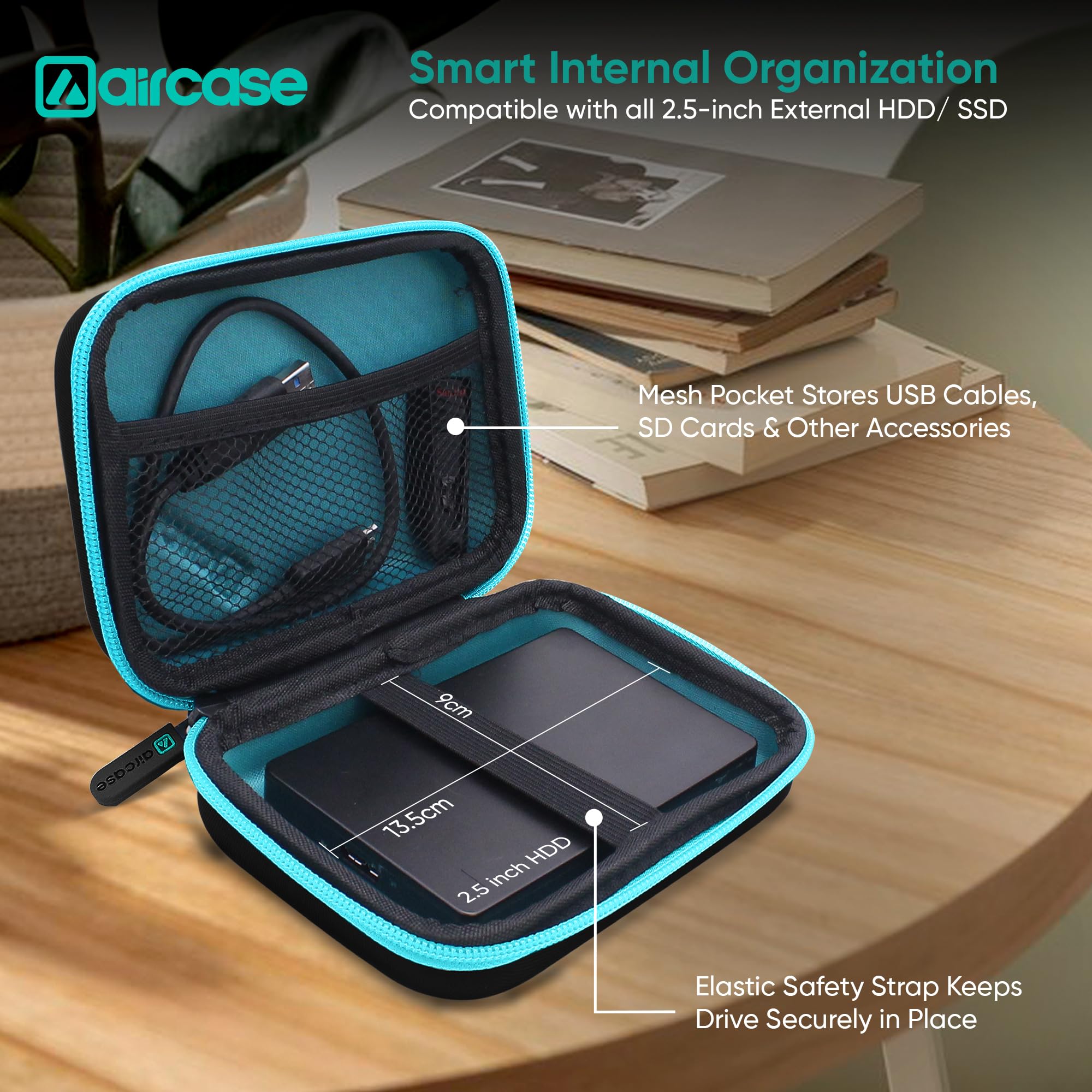 AirCase Hard Disk Cover Case 2.5 Inch HDD SSD - Double Padded EVA Hardshell | Fits 2 Drives | Mesh Pocket for USB Cable, Earphone, Charger | Travel Organiser (Black) — Amazon image 5