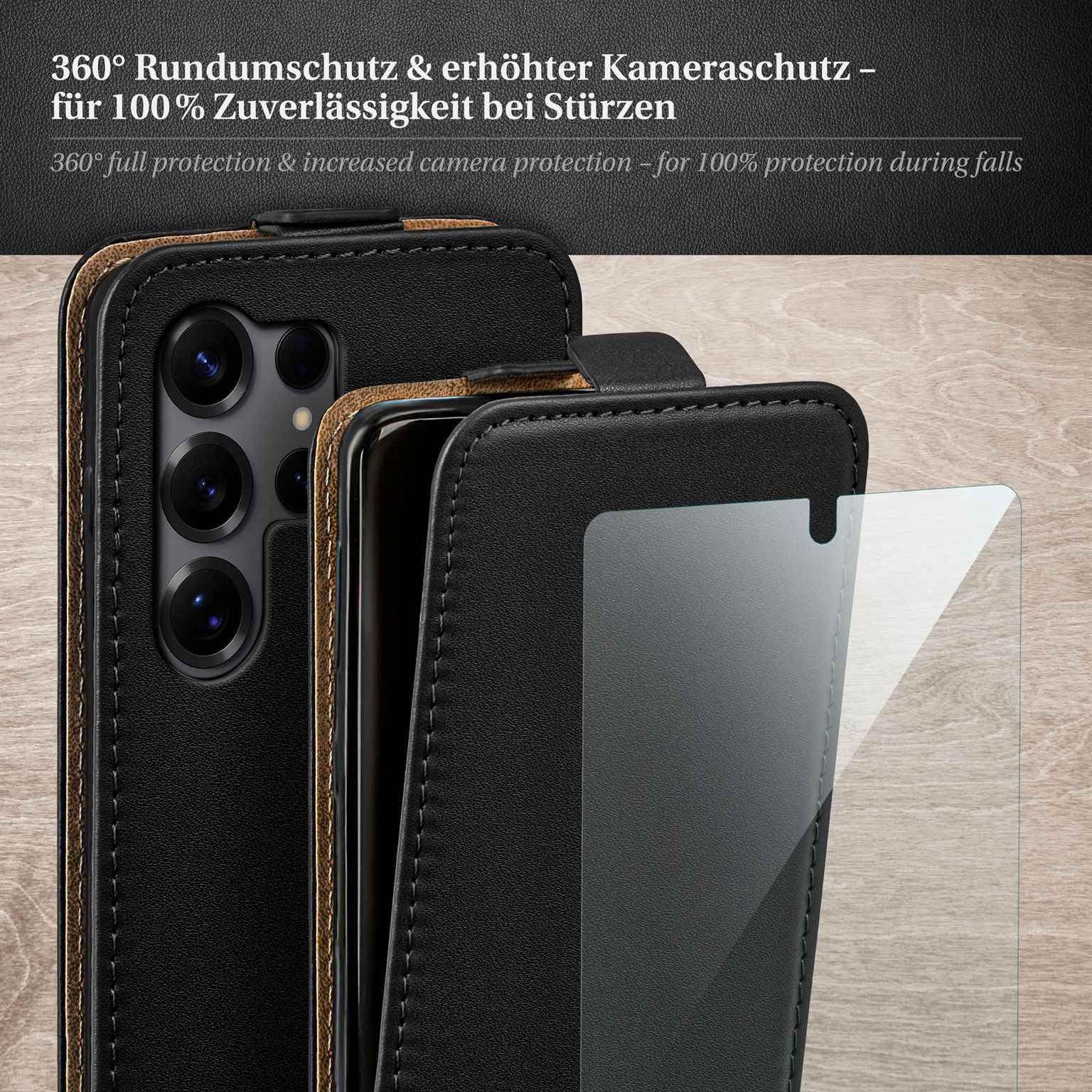 moex Custodia 4 in 1 per Samsung Galaxy S25 Ultra con 3 pellicole protettive, protezione completa a 360°, flip case + pellicola FlexProtect, in pelle PU, nero