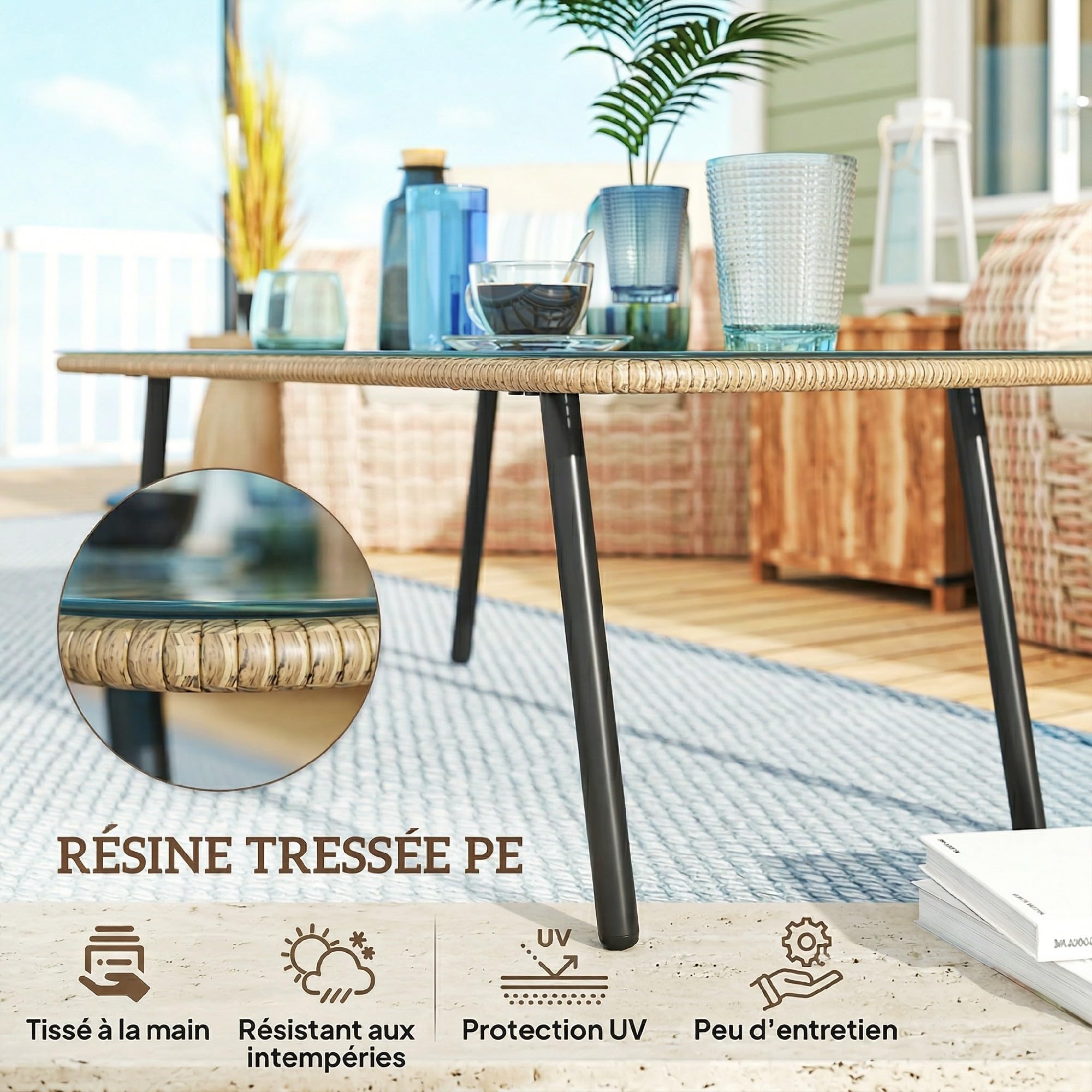 Outsunny Table Basse de Jardin en résine tressée avec Plateau en Verre trempé 5 mm, Table d'appoint pour terrasse, Patio, Balcon, extérieur, Cadre en Acier 110 x 60 x 40 cm, Aspect Bois Naturel