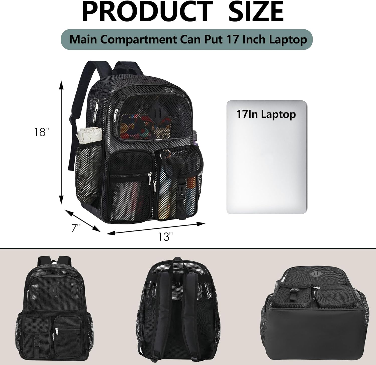 Mesh Backpack Heavy Duty 28L See Through Backpack for Adult with Paded Strap Large Capacity for Sports Hiking Travel Outdoor Beach(Black)