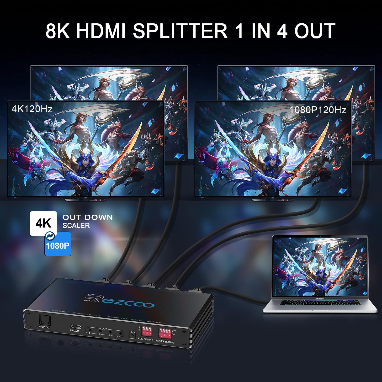 Divisor HDMI 2.1 4K 120Hz 1 EN 4 Salida con Extractor de Audio VRR ALLM HDCP2.3 HDR10+ Óptico SPDIF y Audio AUX de 3.5mm EDID Scaler 4K 1080P Divisor HDMI 1 EN 4 Salidas para PS5 Xbox NVIDIA