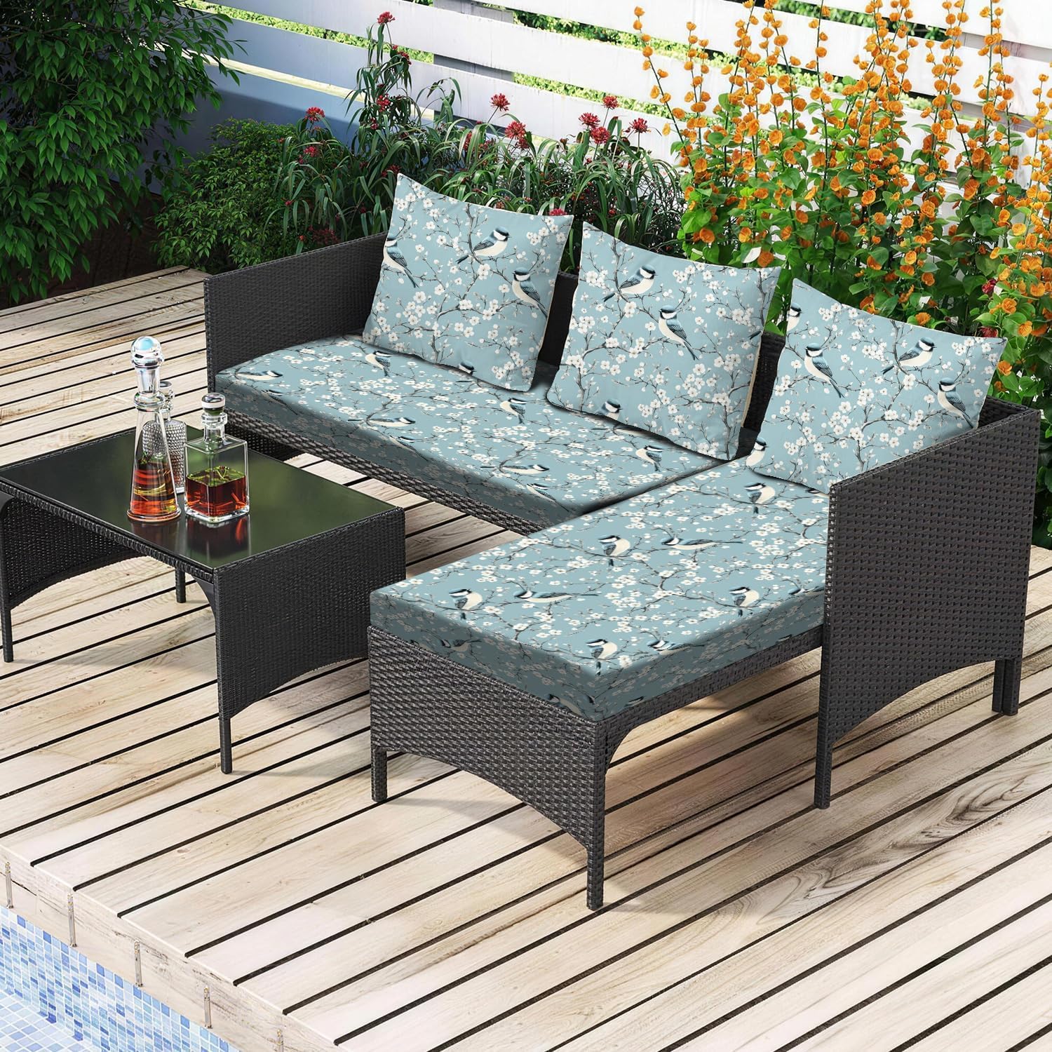Loveseat Cushion Cover, Blue Bird Blossom Slipcover, Washable, 52x28x9