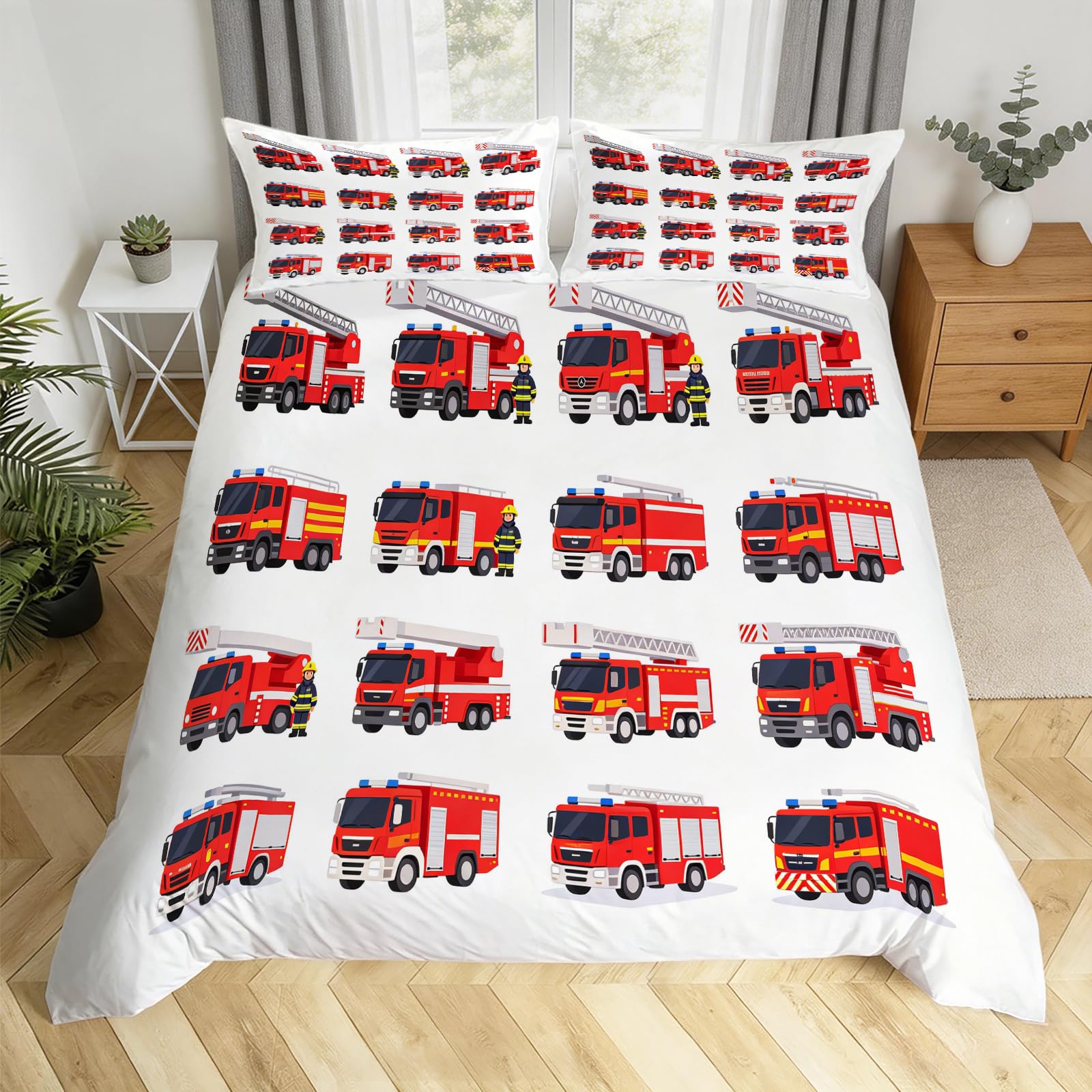 Housse de couette 240x220 camion de pompiers avec 2 taies d'oreiller pour lit 2 personnes