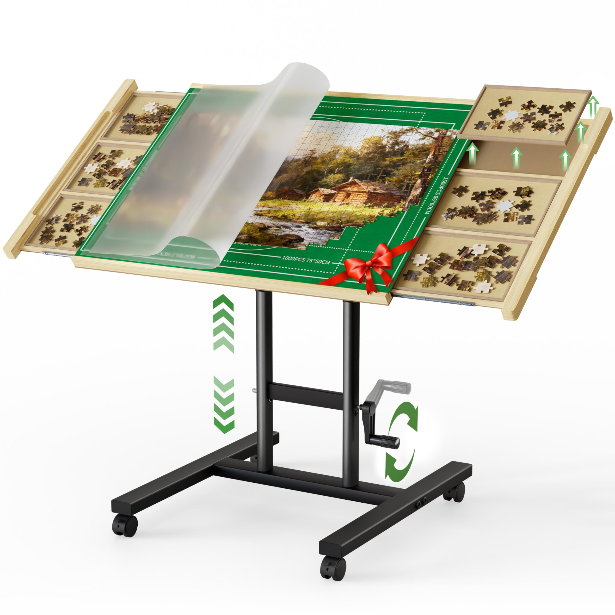 CODACE Puzzle Table with Drawers - Puzzle Tables for Adults with Drawers, Hand-Cranked Height-Adjustable Puzzle Tables with Leg, Tilting Puzzle Board with 6 Tray and Cover, Present for Puzzles Lover