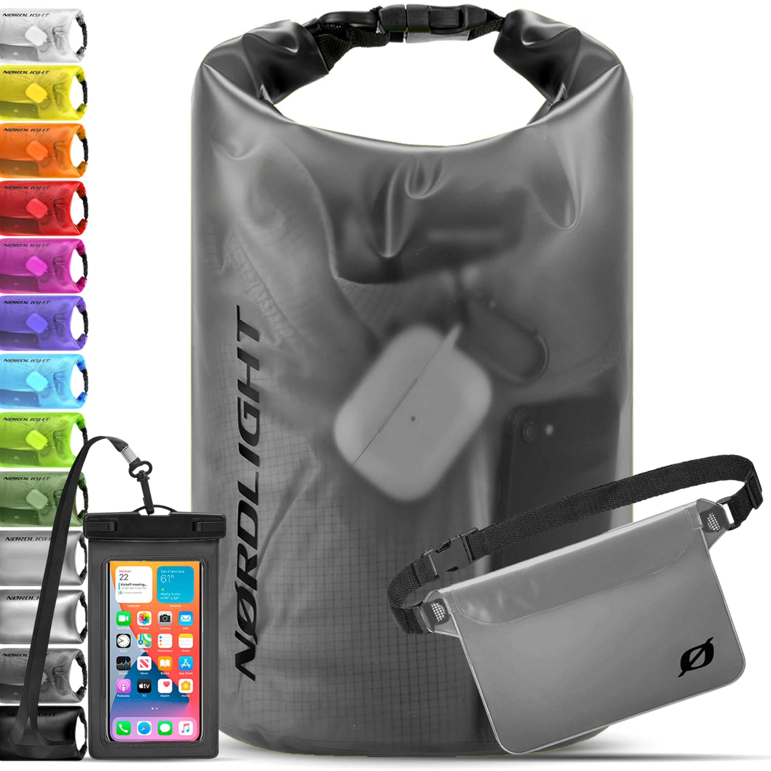 Nordlight Waterproof Dry Bag with Phone Pouch and Fanny Pack - (20L, Anthracite Frosted) Waterproof Dry Sack with Roll Top Closure