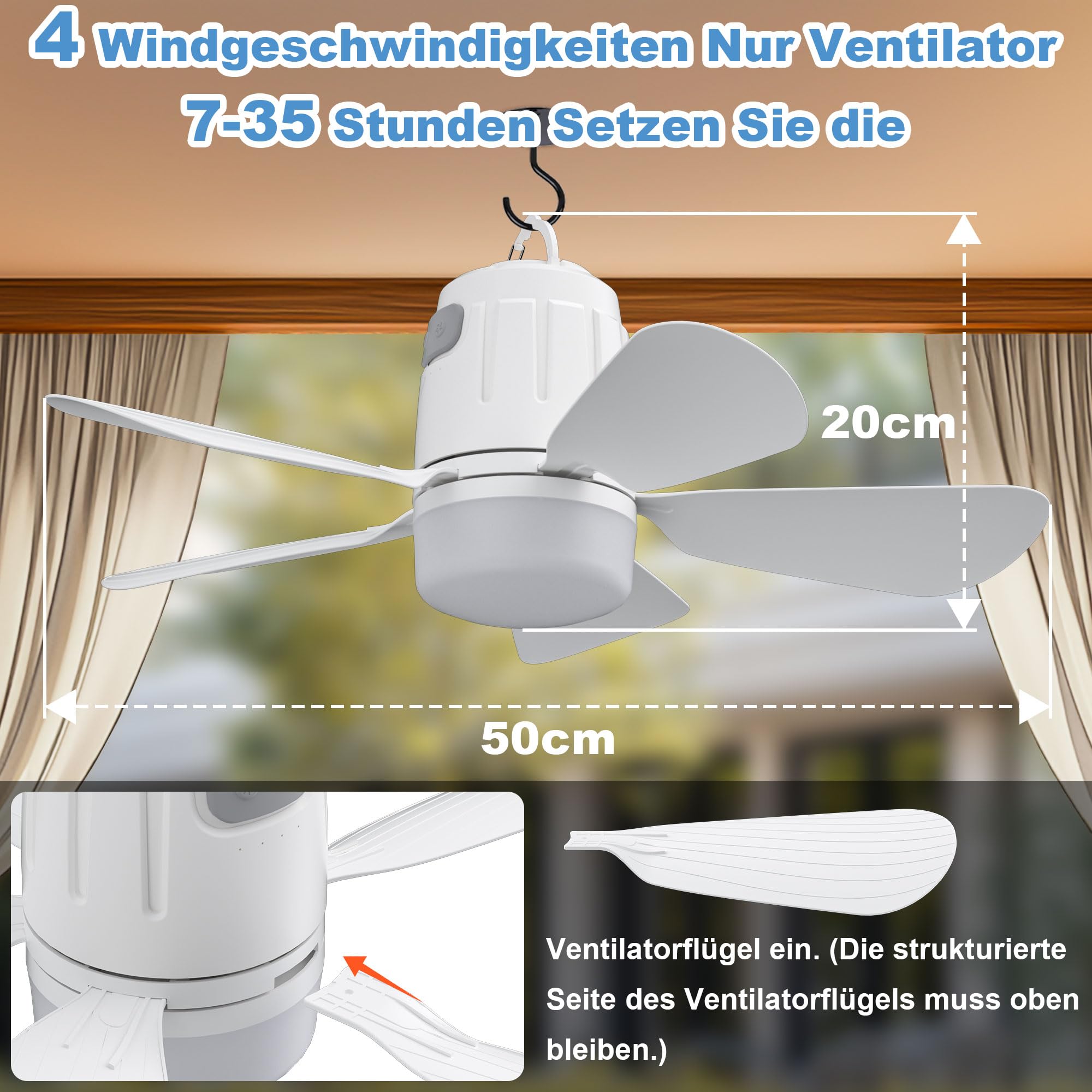 Gliztech Deckenventilator Outdoor 50CM, 20000mAh Camping Ventilator licht mit Akku, Mobiler Ventilator Lampe für Außenbereich, Haken und Fernbedienung, Pavillon, Terrasse, Zelt, Sonnenschirm