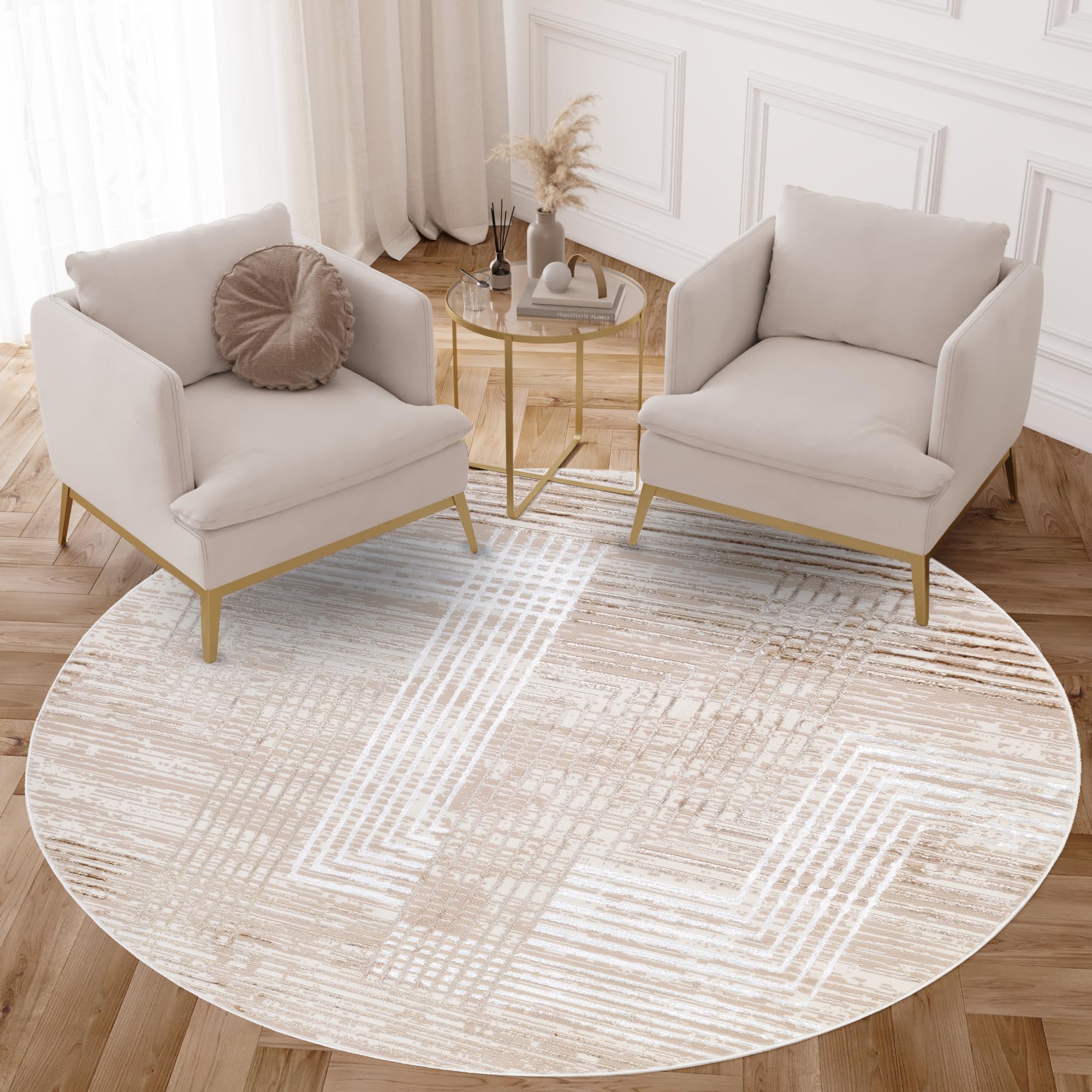 TAPISO Crystal Redonda Alfombra Pelo Corto Brillante Marrón Crema Blanco Rayas Efecto 3D Geométrico Salón Dormitorio Diseño Moderno Oeko-Tex 100 x 100 cm