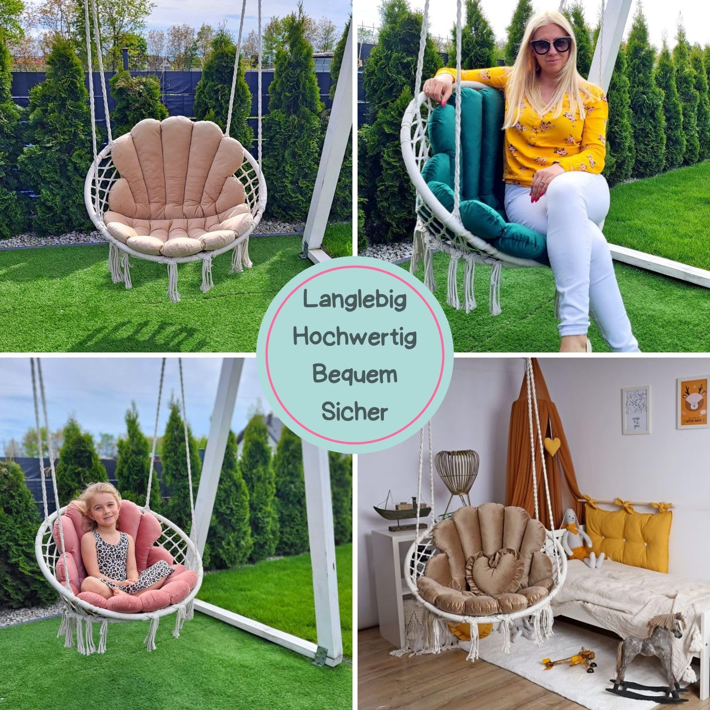 Love Gifts® Hängesessel ohne Gestell | Hängesessel Indoor mit Zwei Kissen optimal für den für Innenbereich wie Wohnzimmer & Kinderzimmer geeignet | Braun