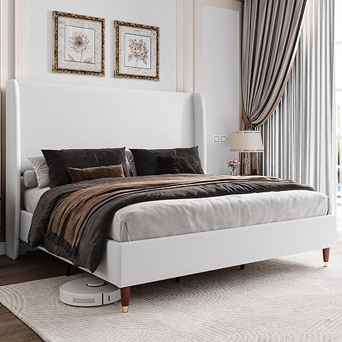 Jocisland Queen Upholstered Platform Bed Frame with 51.2" Tall Wingback Headboard–Solid Wood Legs, No Box Spring Needed, White Linen–Modern Style for Any Bedroom