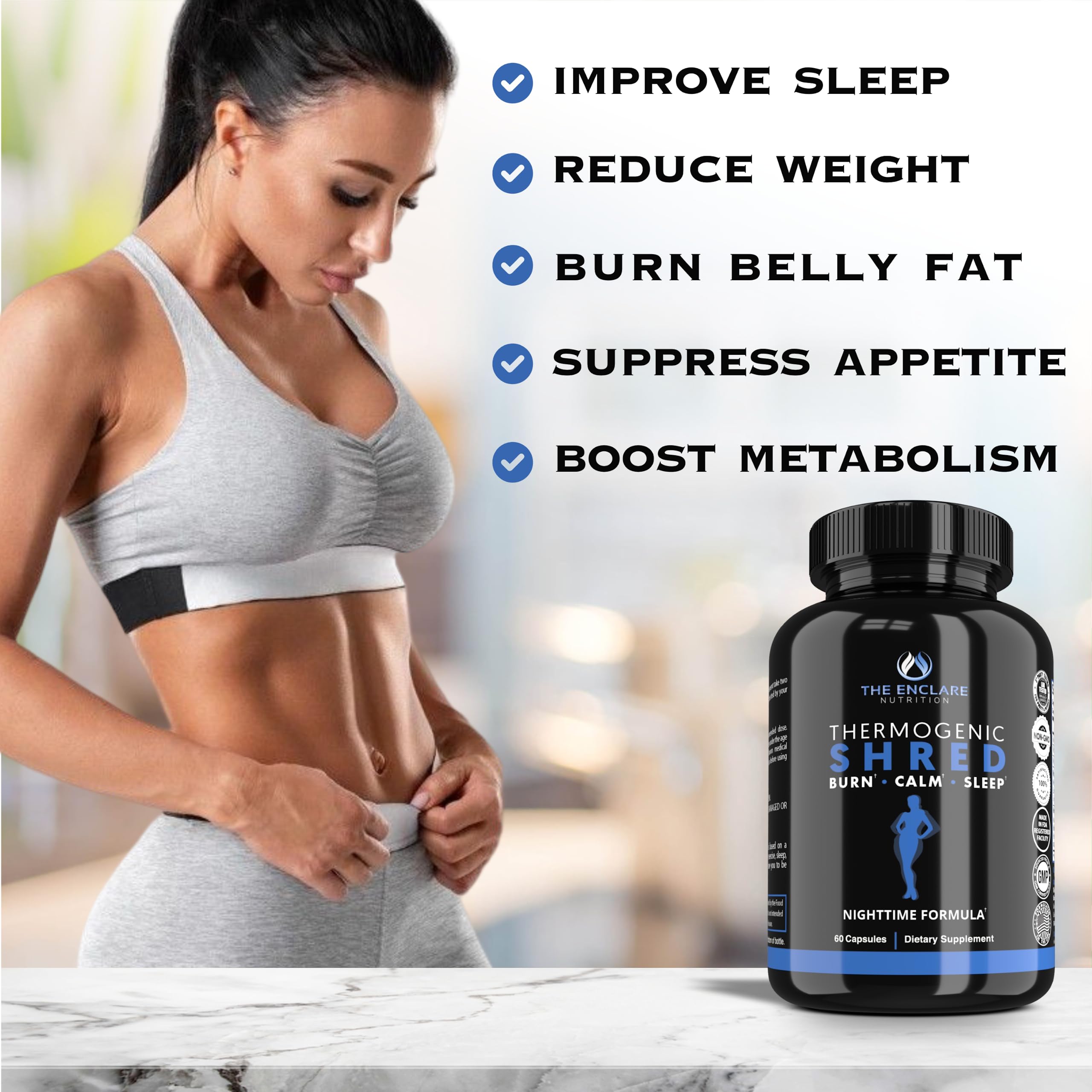 ENCLARE Weight Loss Pills for Women & Men - Thermogenic Shred Night Time Fat Burner Supplements, Appetite Suppressant, Overnight Metabolism Booster Belly Fat Sleep Aid with Melatonin, 5-HTP, CLA, 60ct — Amazon image 3