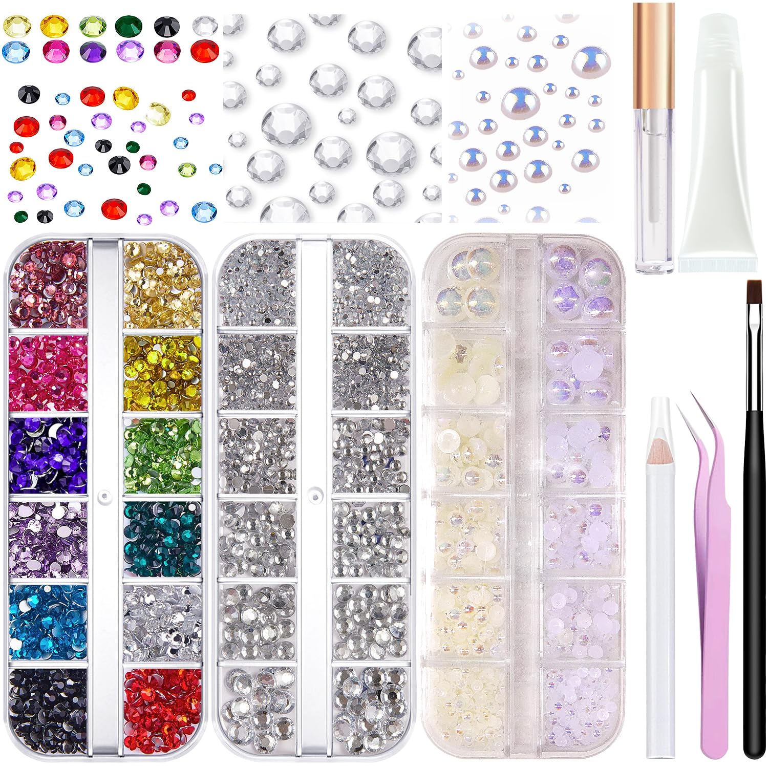 Hair Face Gems Rhinestone with Makeup Glue, Flat Back Colorful Jewels Crystal Rhinestone Half Round AB Pearl Kit, Wax Pencil Tweezer and Brush for